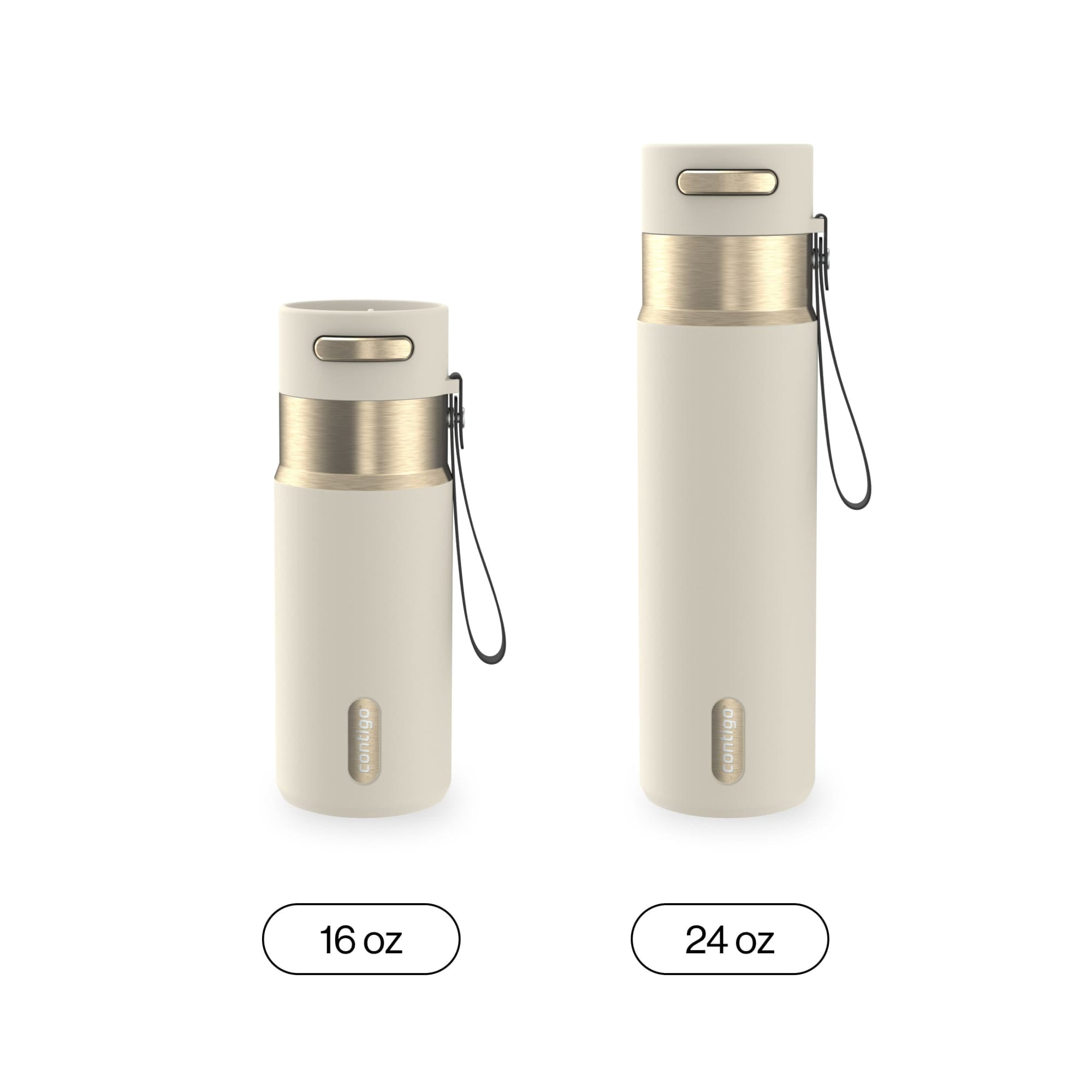 Contigo AutoSeal Leakproof Stainless Steel Reusable Water Bottle Tumbler with Carrying Strap, Cream/Champagne, 24 oz