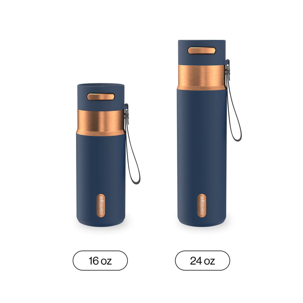 Contigo AutoSeal Leakproof Stainless Steel Reusable Water Bottle Tumbler with Carrying Strap, Cream/Champagne, 24 oz