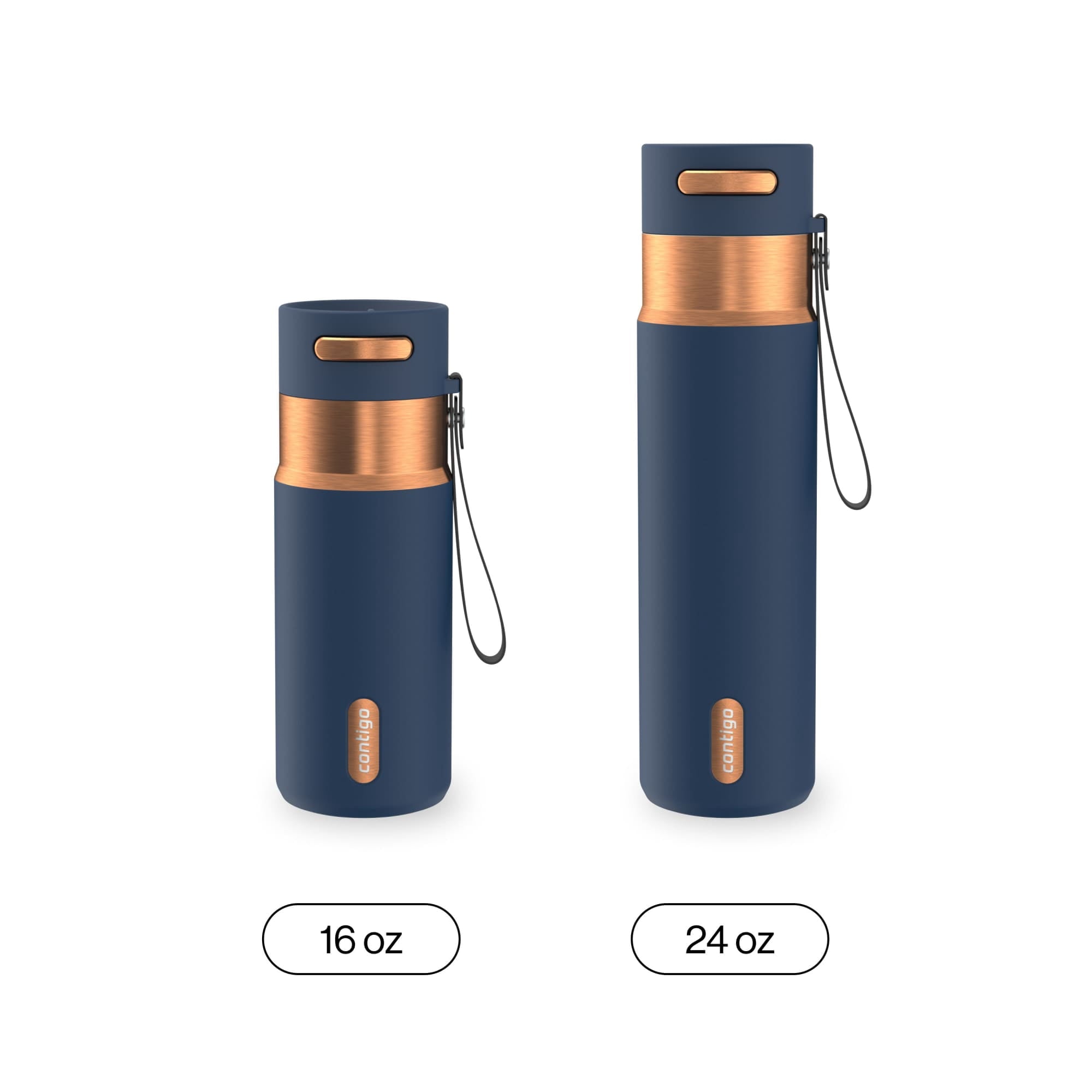 Contigo AutoSeal Leakproof Stainless Steel Reusable Water Bottle Tumbler with Carrying Strap, Cream/Champagne, 24 oz
