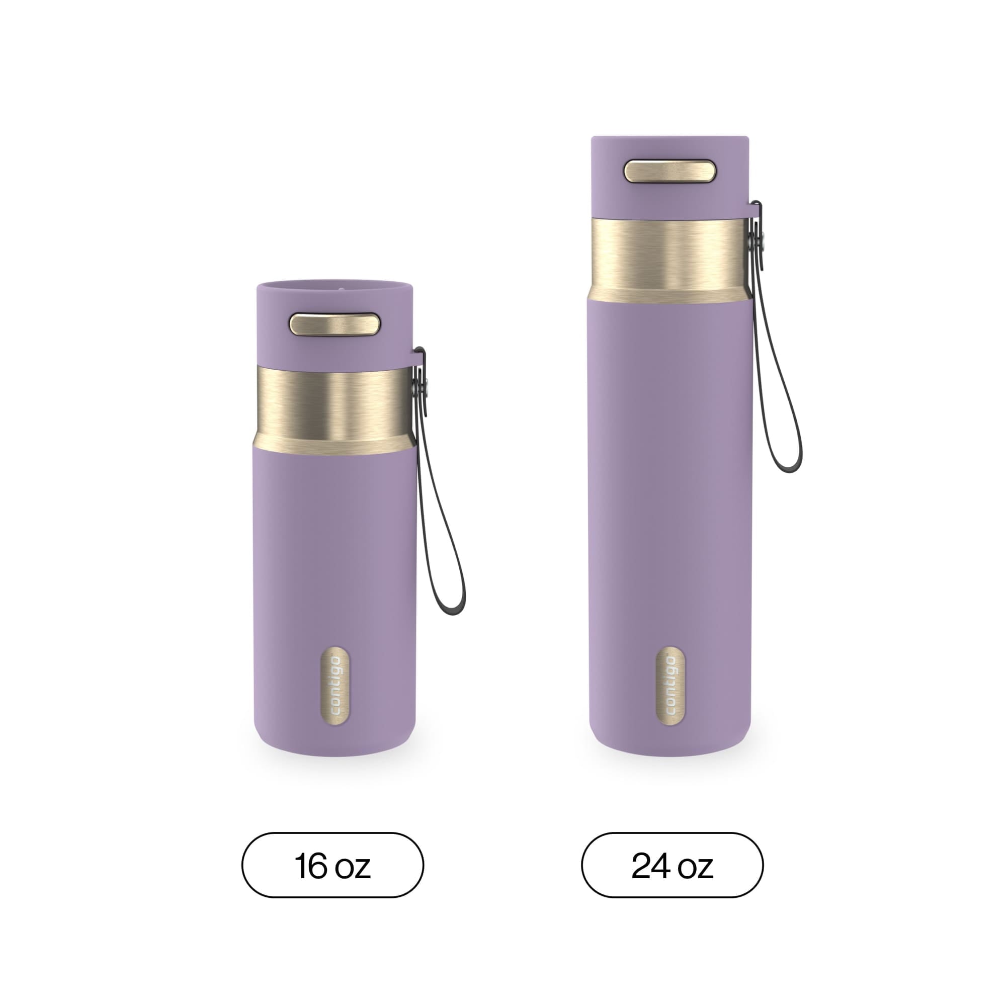 Contigo AutoSeal Leakproof Stainless Steel Reusable Water Bottle Tumbler with Carrying Strap, Cream/Champagne, 24 oz