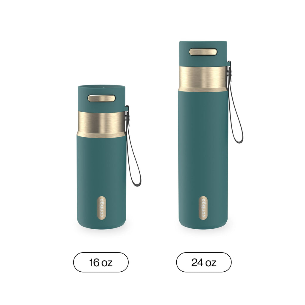 Contigo AutoSeal Leakproof Stainless Steel Reusable Water Bottle Tumbler with Carrying Strap, Cream/Champagne, 24 oz