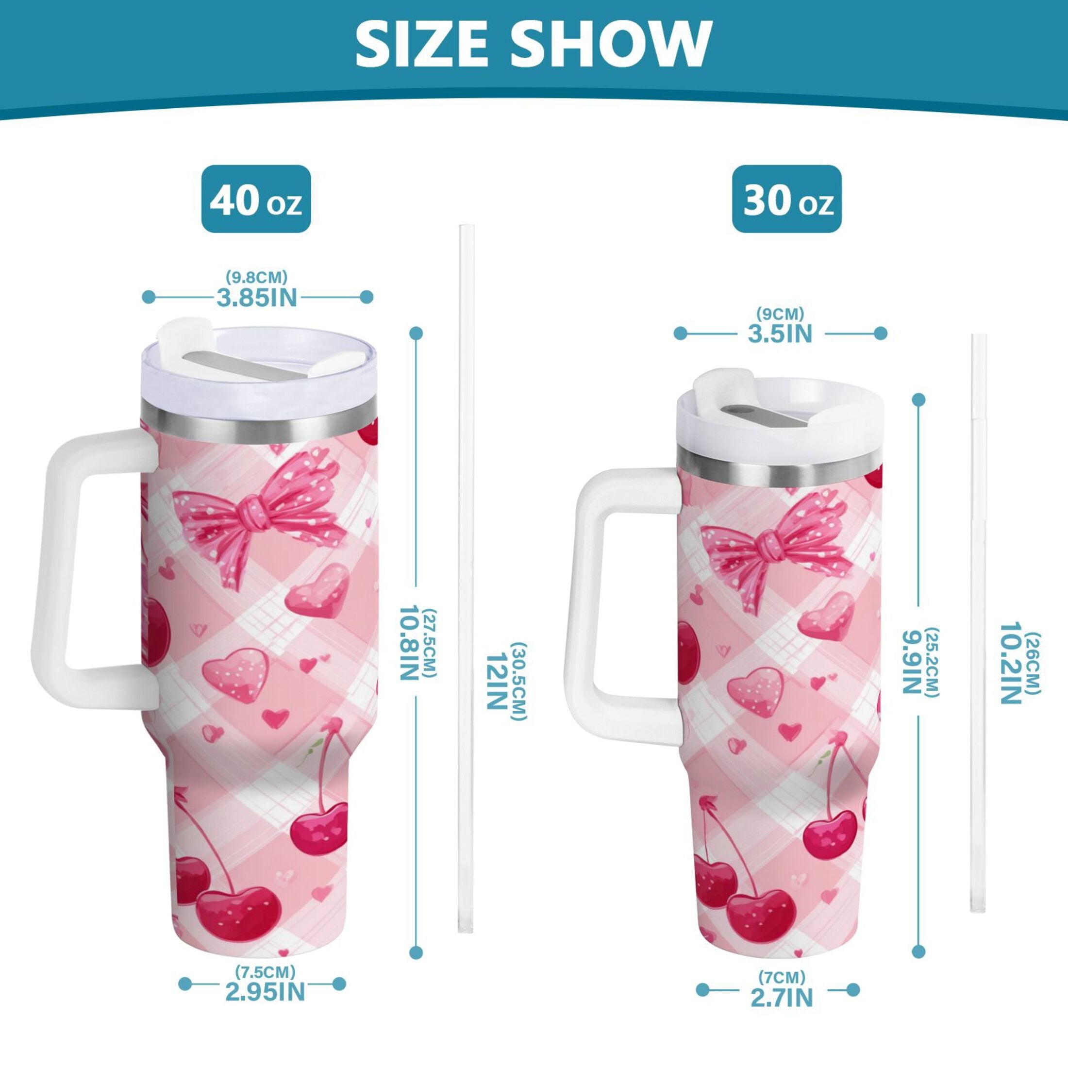 30 oz Insulated Stainless Steel Tumbler Double Wall Stainless Steel Tumbler with 2-Way Drinking Cherry and Pink Bow Pattern
