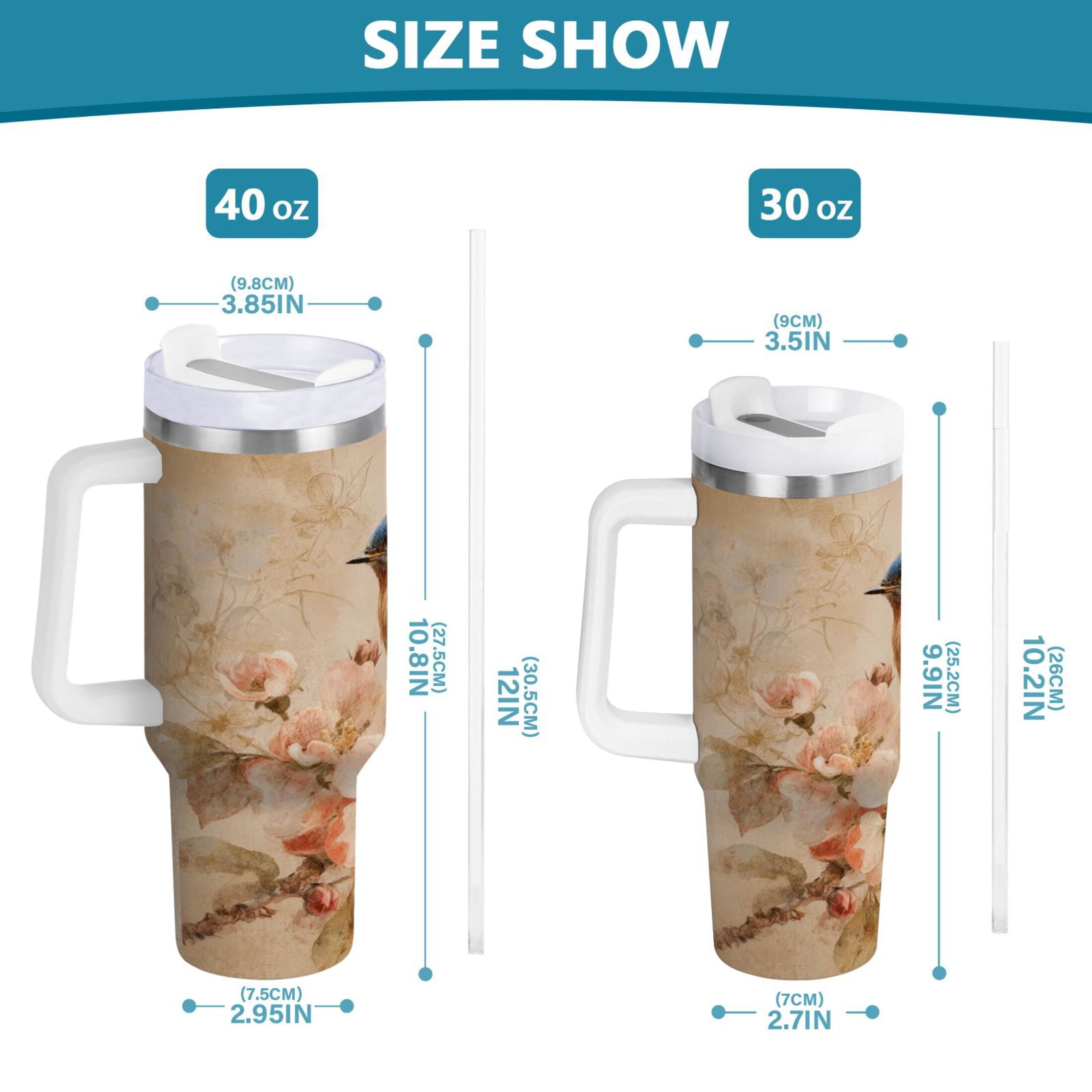 40 oz Insulated Stainless Steel Tumbler Double Wall Stainless Steel Tumbler with 2-Way Drinking Bluebird and Ancient Flowers