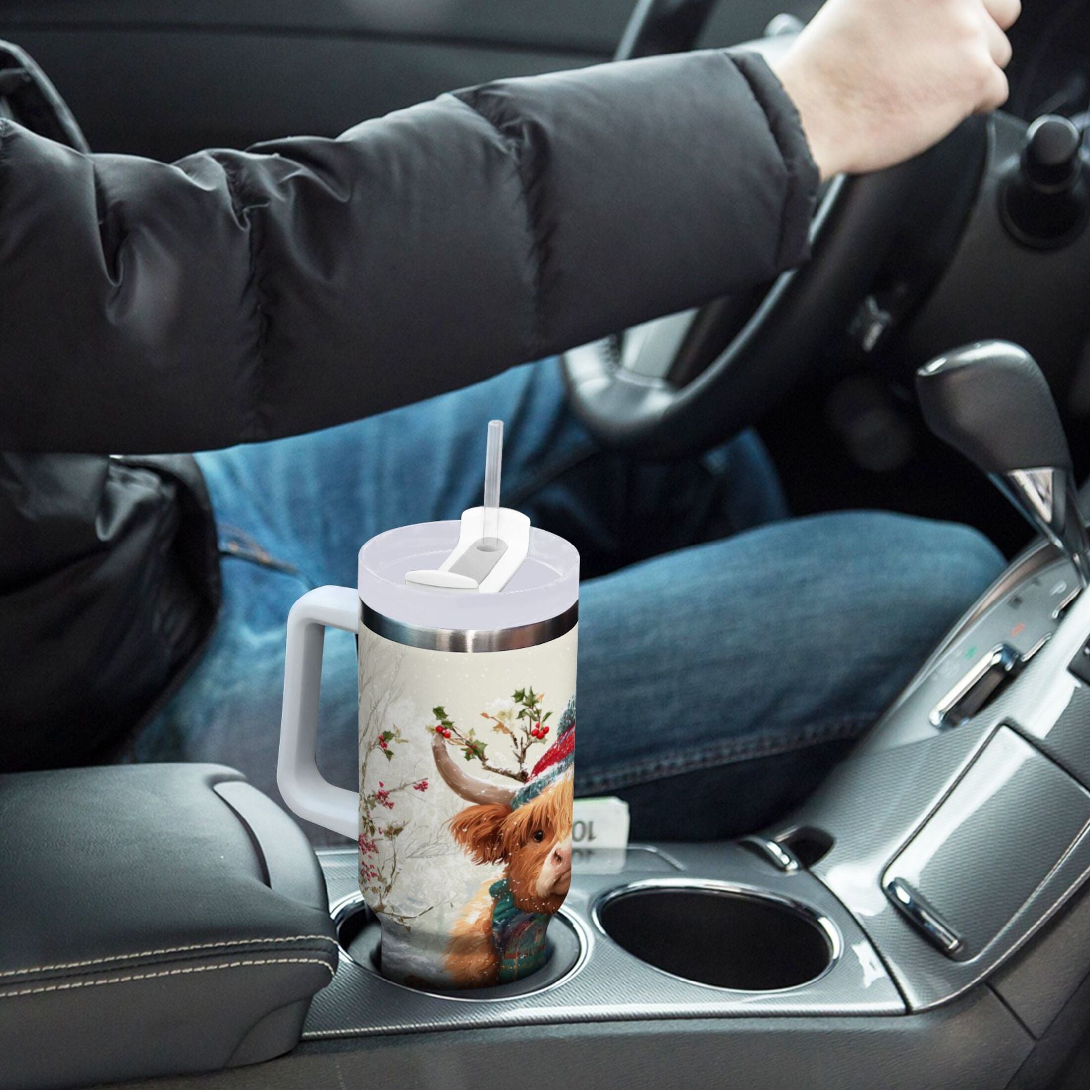 30 oz Insulated Stainless Steel Tumbler Double Wall Stainless Steel Tumbler with 2-Way Drinking Cow Wearing Christmas Hat