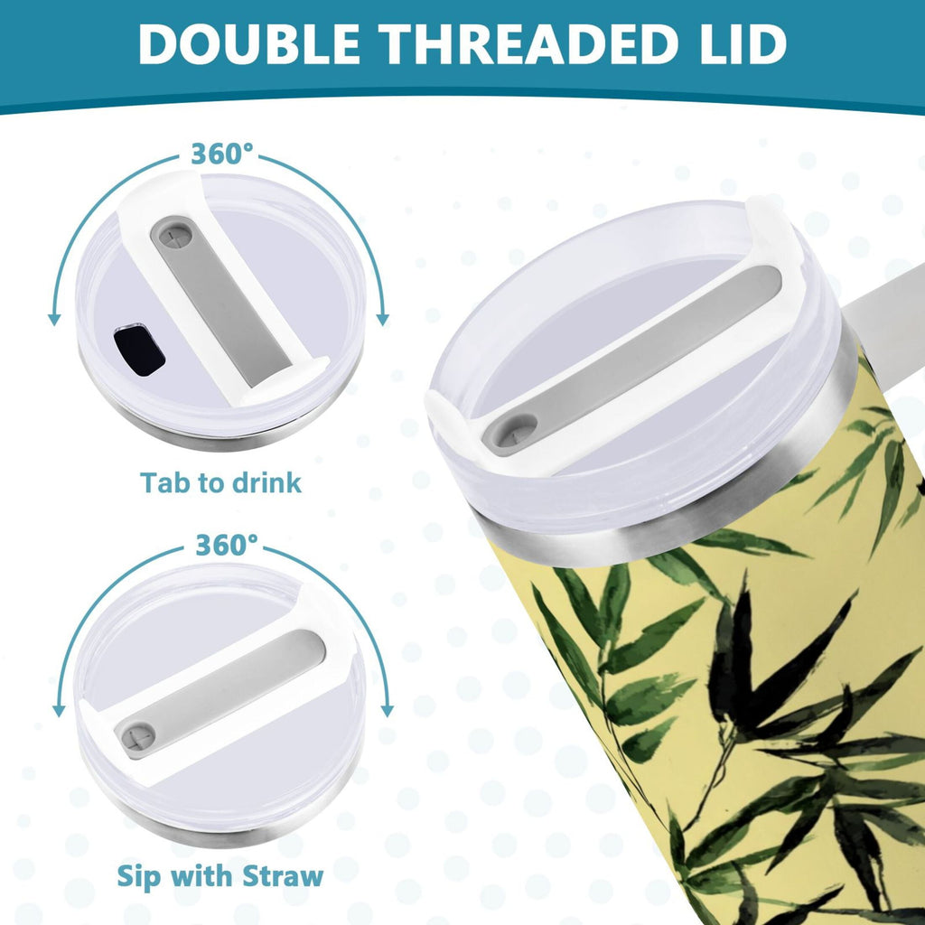 30 oz Insulated Stainless Steel Tumbler Double Wall Stainless Steel Tumbler with 2-Way Drinking Bamboo and Green Leaves