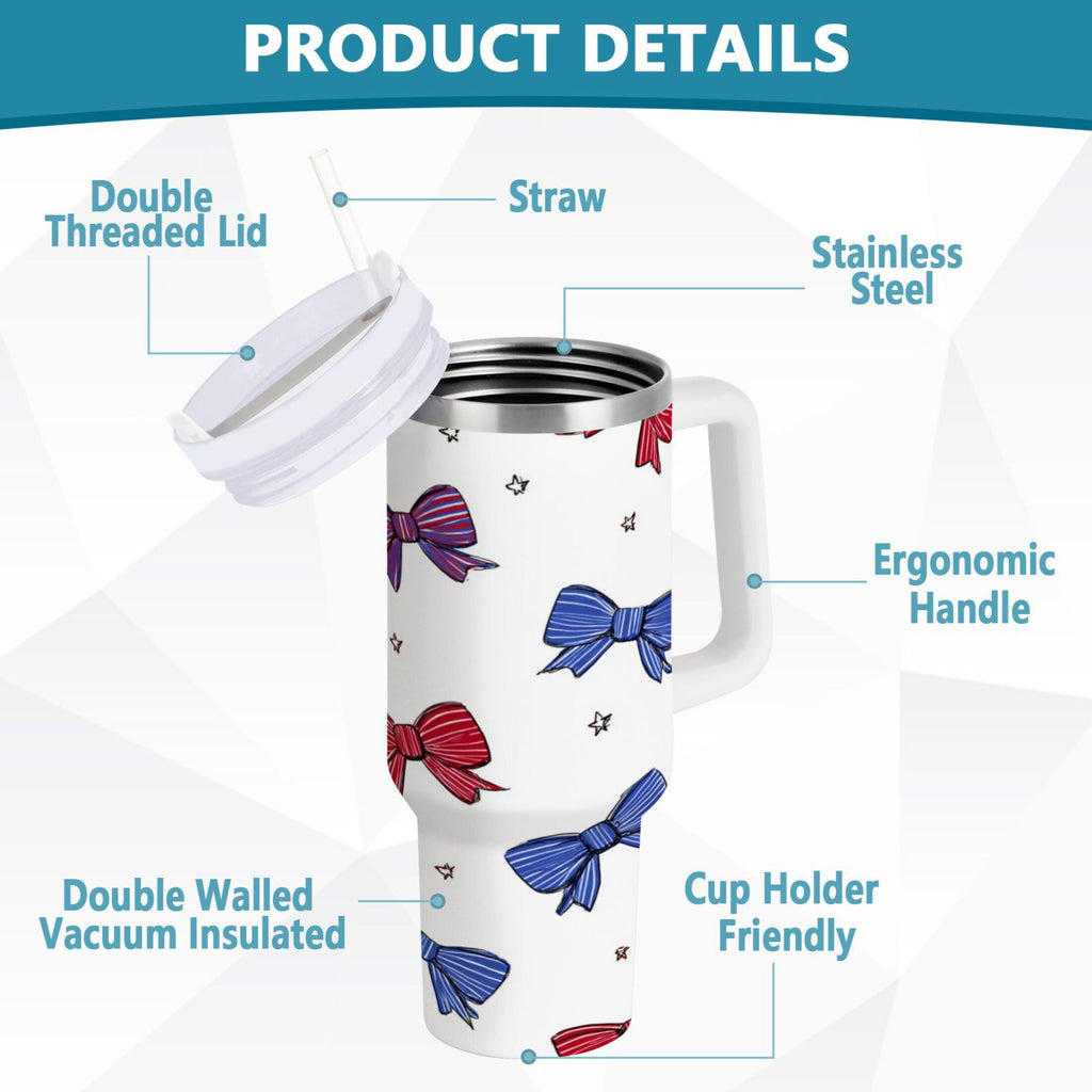 30 oz Insulated Stainless Steel Tumbler Double Wall Stainless Steel Tumbler with 2-Way Drinking Red and Blue Stripe Bows