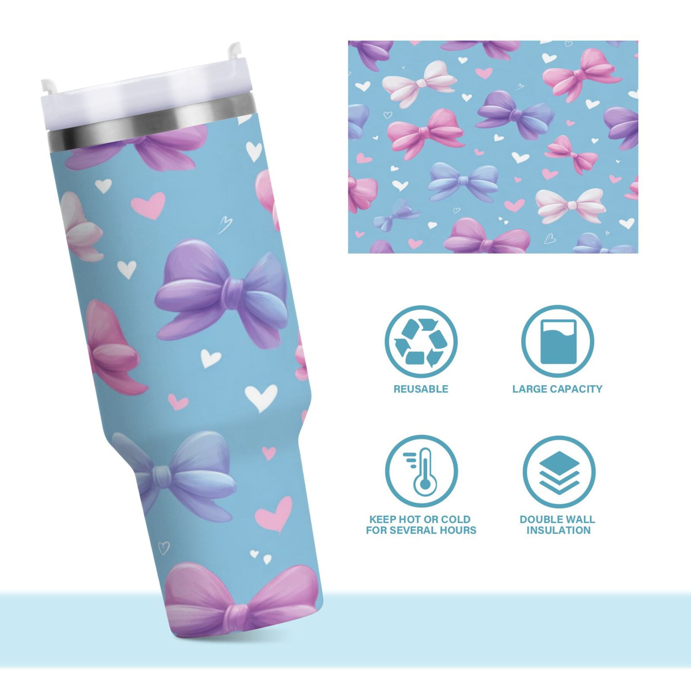 30 oz Insulated Stainless Steel Tumbler Double Wall Stainless Steel Tumbler with 2-Way Drinking Pink and Purple Bows
