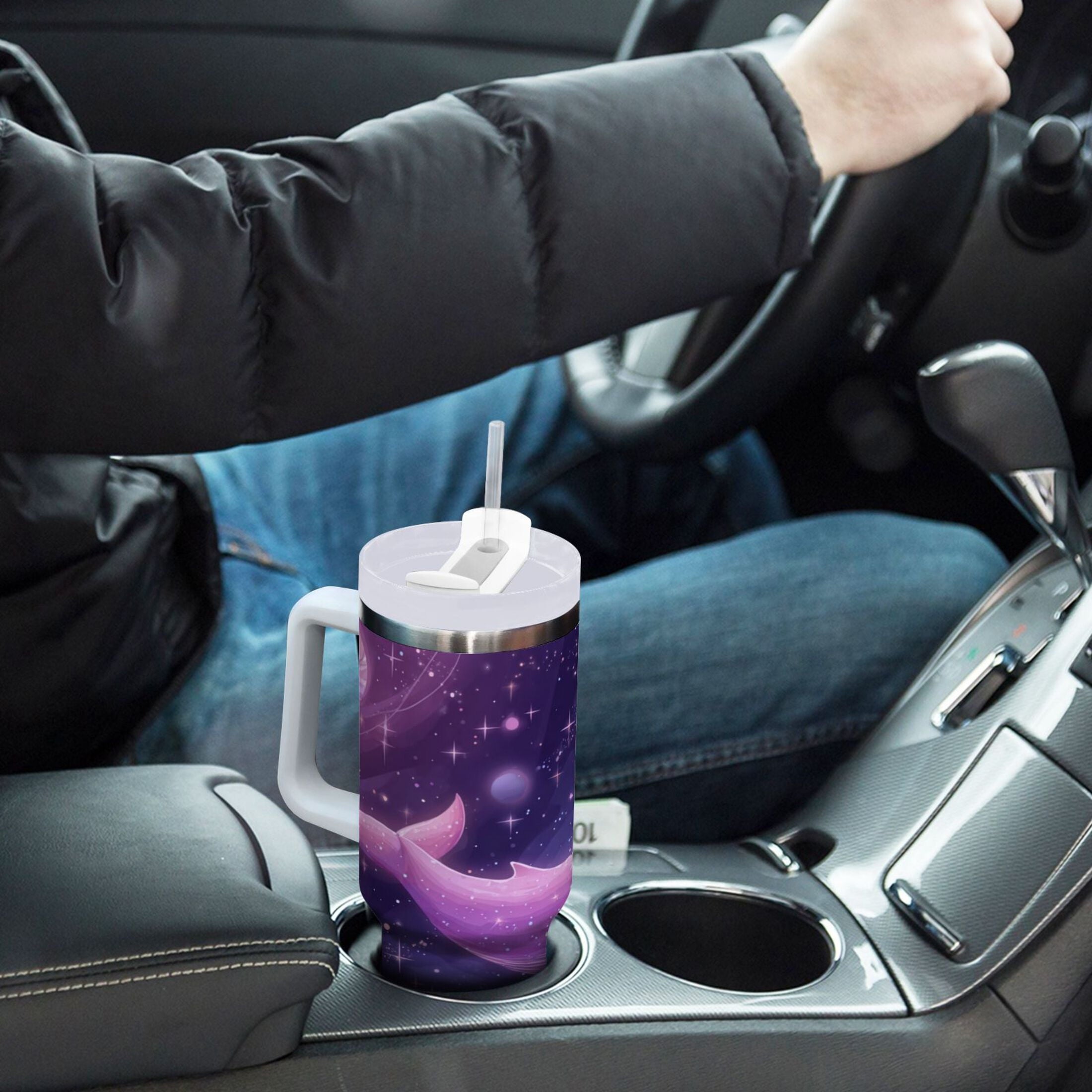 30 oz Insulated Stainless Steel Tumbler Double Wall Stainless Steel Tumbler with 2-Way Drinking Whale in Space