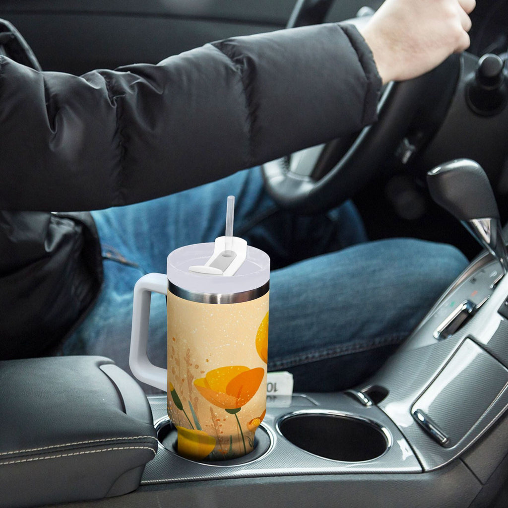 30 oz Insulated Stainless Steel Tumbler Double Wall Stainless Steel Tumbler with 2-Way Drinking Yellow Flowers on The Grass