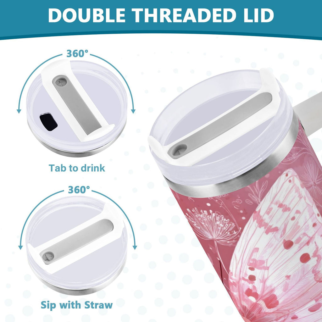30 oz Insulated Stainless Steel Tumbler Double Wall Stainless Steel Tumbler with 2-Way Drinking Soft Pink Butterfly