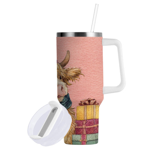 30 oz Insulated Stainless Steel Tumbler Double Wall Stainless Steel Tumbler with 2-Way Drinking Cow Wearing Scarf and Hat