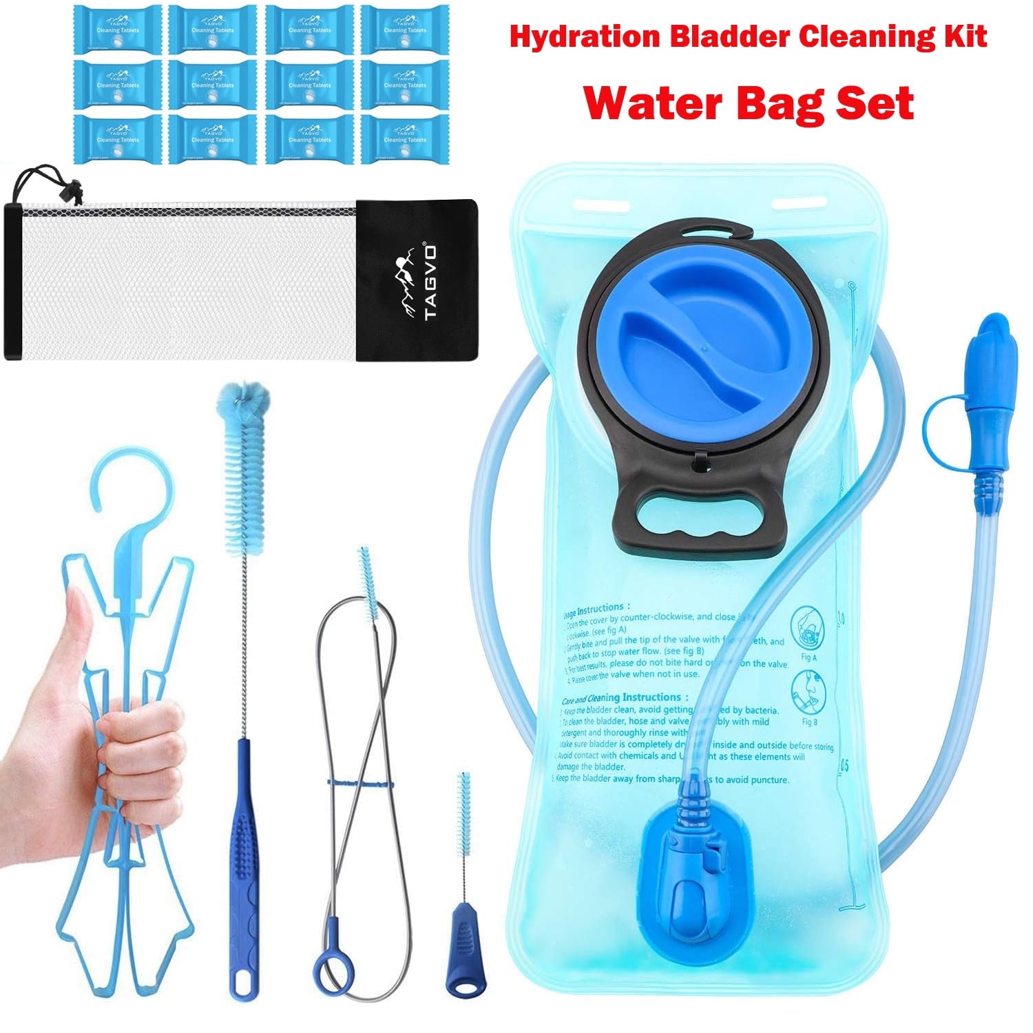 TAGVO Hydration Bladder 2 Liter BPA Free 70oz + Cleaning Brushes Kit, Leakproof Water Bladder Travel Reservoir Hydration Bag, Easy Cleaning by 3 Brushes and Air Drying by Collapsible Frame