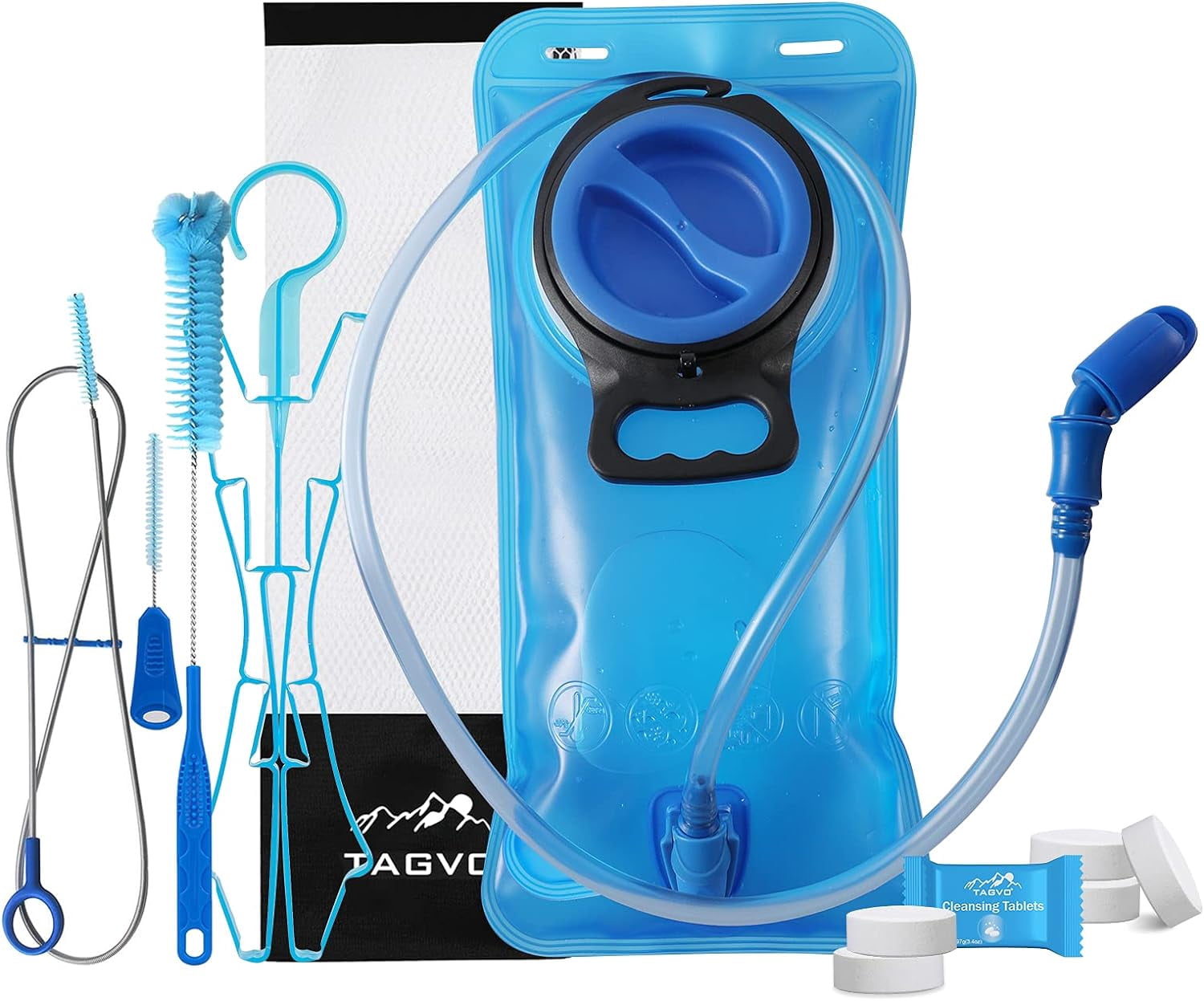 TAGVO Hydration Bladder 2 Liter BPA Free 70oz + Cleaning Brushes Kit, Leakproof Water Bladder Travel Reservoir Hydration Bag, Easy Cleaning by 3 Brushes and Air Drying by Collapsible Frame
