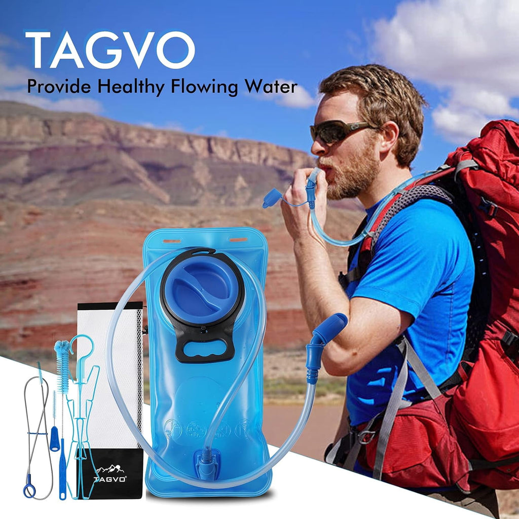 TAGVO Hydration Bladder 2 Liter BPA Free 70oz + Cleaning Brushes Kit, Leakproof Water Bladder Travel Reservoir Hydration Bag, Easy Cleaning by 3 Brushes and Air Drying by Collapsible Frame