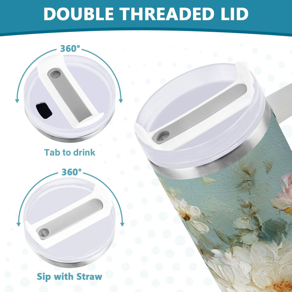 40 oz Insulated Stainless Steel Tumbler Double Wall Stainless Steel Tumbler with 2-Way Drinking Vintage Peonies and Daisies