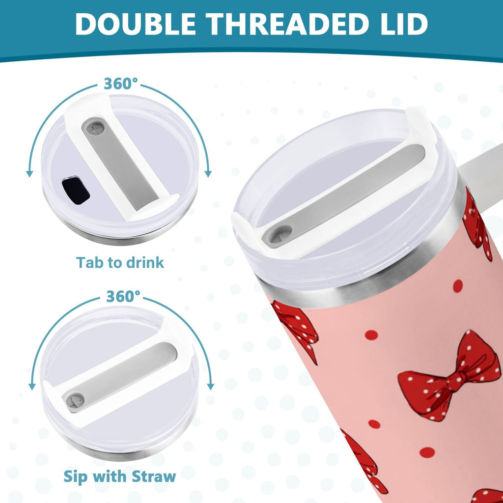 40 oz Insulated Stainless Steel Tumbler Double Wall Stainless Steel Tumbler with 2-Way Drinking Red Bows and Polka Dots