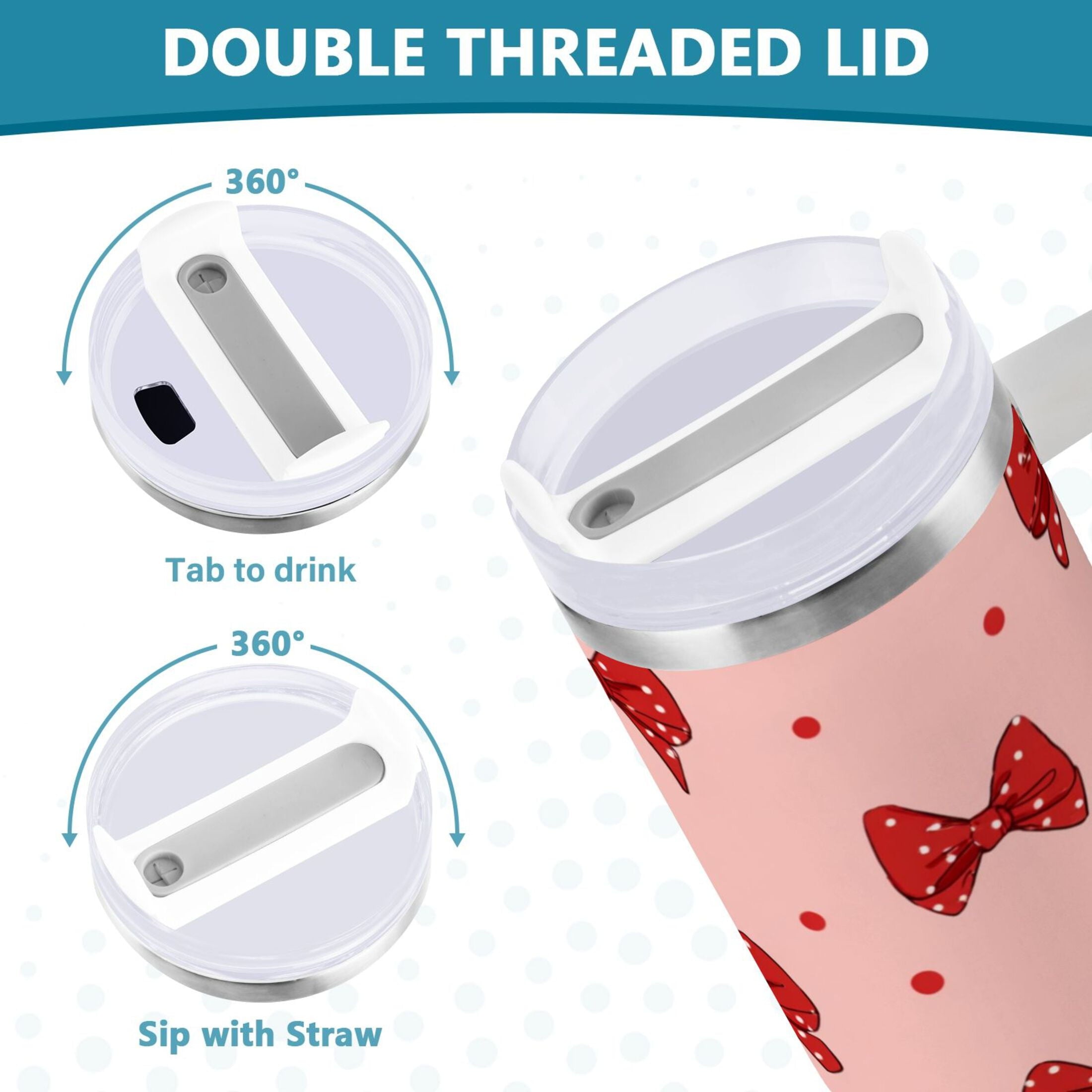40 oz Insulated Stainless Steel Tumbler Double Wall Stainless Steel Tumbler with 2-Way Drinking Red Bows and Polka Dots