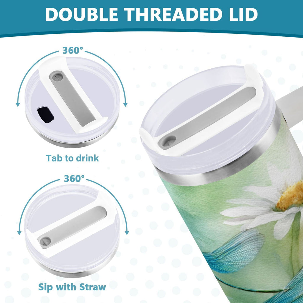 30 oz Insulated Stainless Steel Tumbler Double Wall Stainless Steel Tumbler with 2-Way Drinking Beautiful Dragonflies and Daisies
