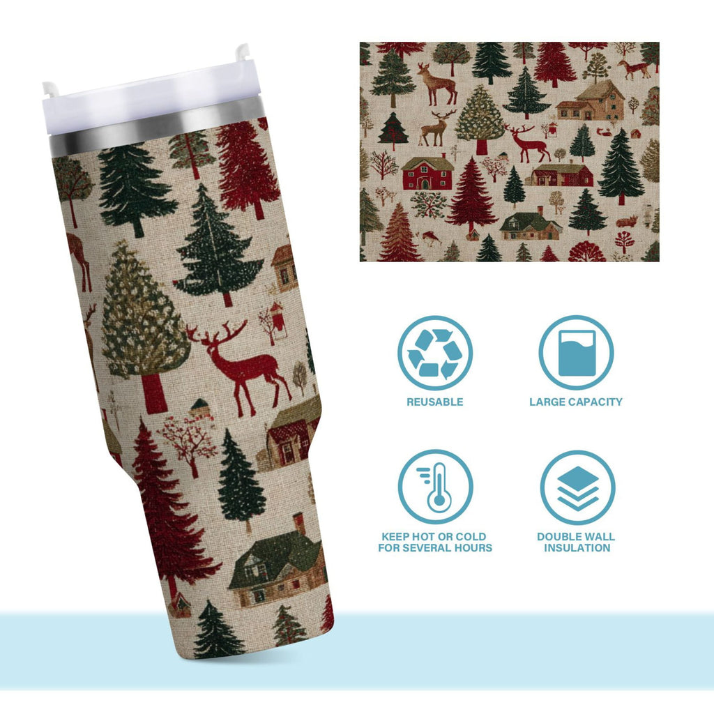 30 oz Insulated Stainless Steel Tumbler Double Wall Stainless Steel Tumbler with 2-Way Drinking Christmas Trees Deer and Houses