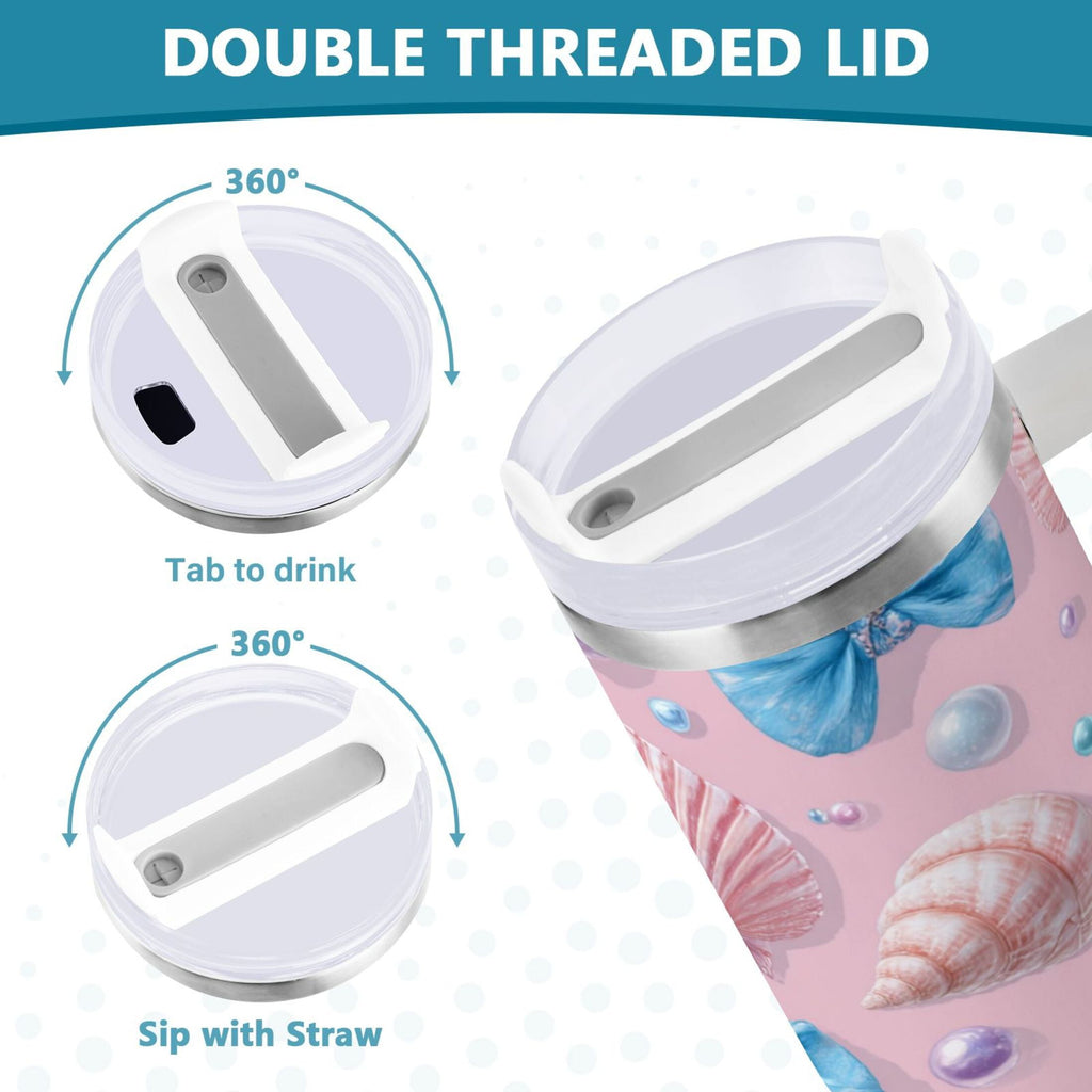 30 oz Insulated Stainless Steel Tumbler Double Wall Stainless Steel Tumbler with 2-Way Drinking Seashells and Bows