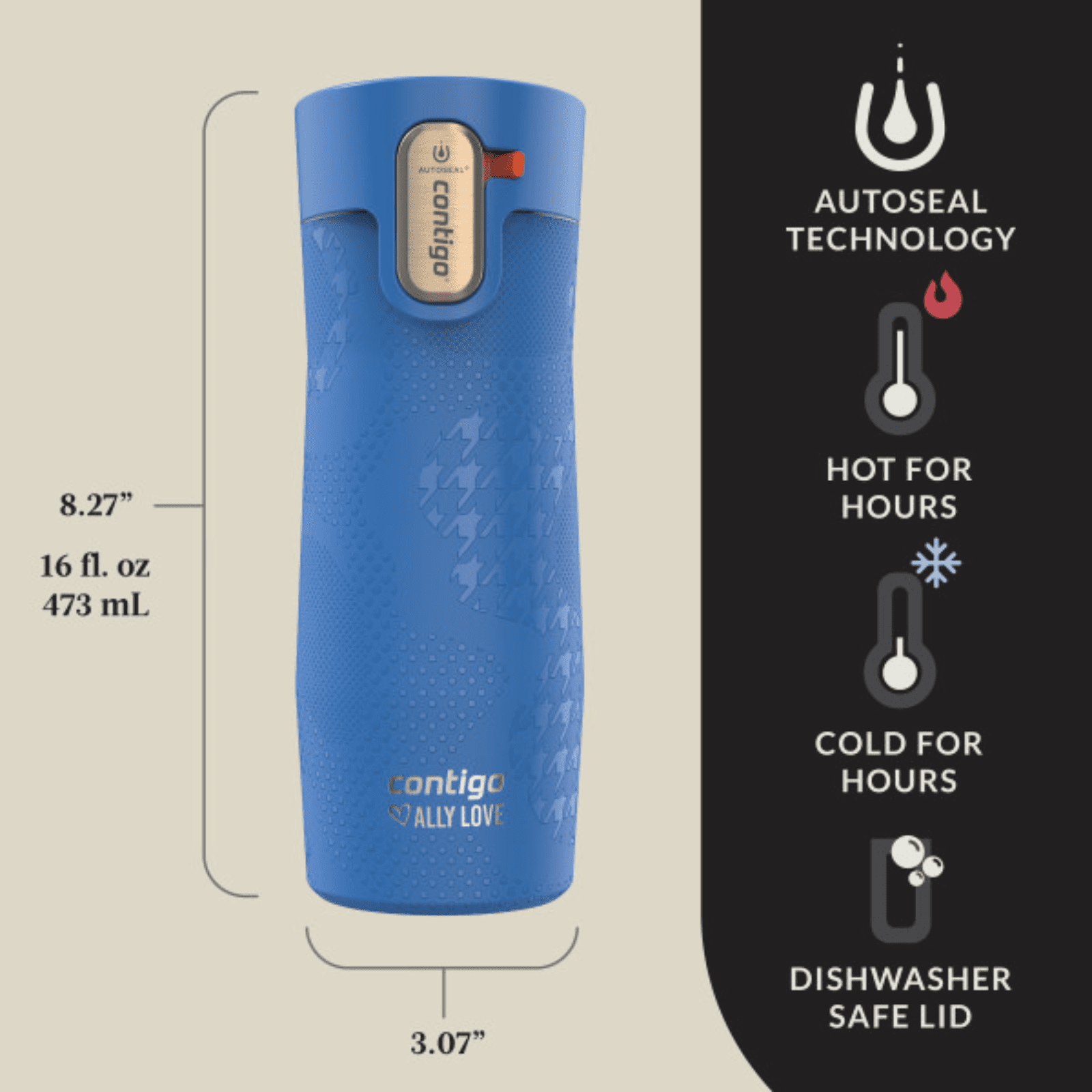 Contigo x Ally Love Autoseal West Loop Vacuum-Insulated Stainless Steel Travel Mug with Easy-Clean Lid, 16 oz, Stellar Jay