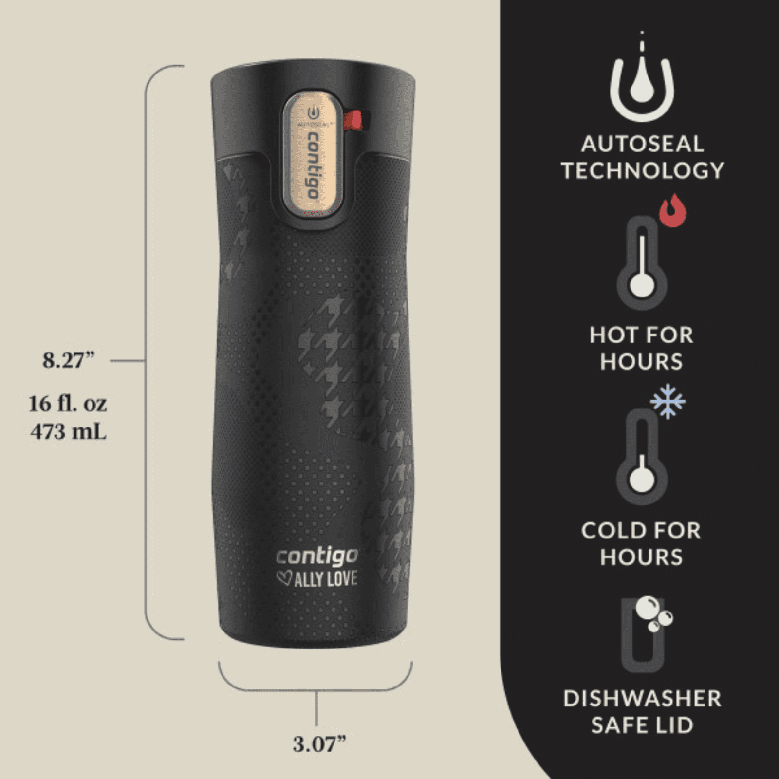 Contigo x Ally Love Autoseal West Loop Vacuum-Insulated Stainless Steel Travel Mug with Easy-Clean Lid, 16 oz, Stellar Jay