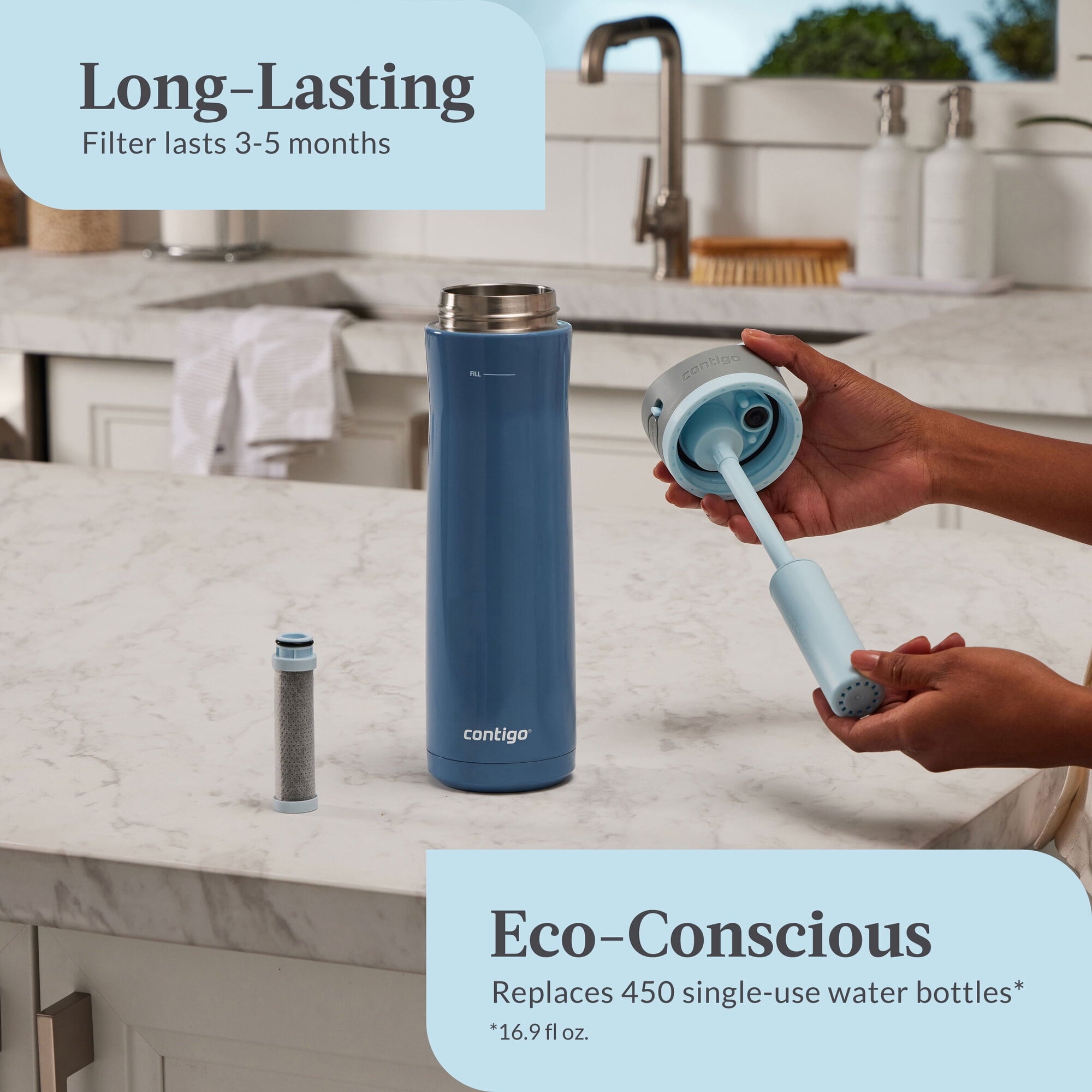 Contigo® Wells Chill Stainless Steel Filter Water Bottle with AUTOSPOUT® Straw Lid, 24 oz., Dark Ice