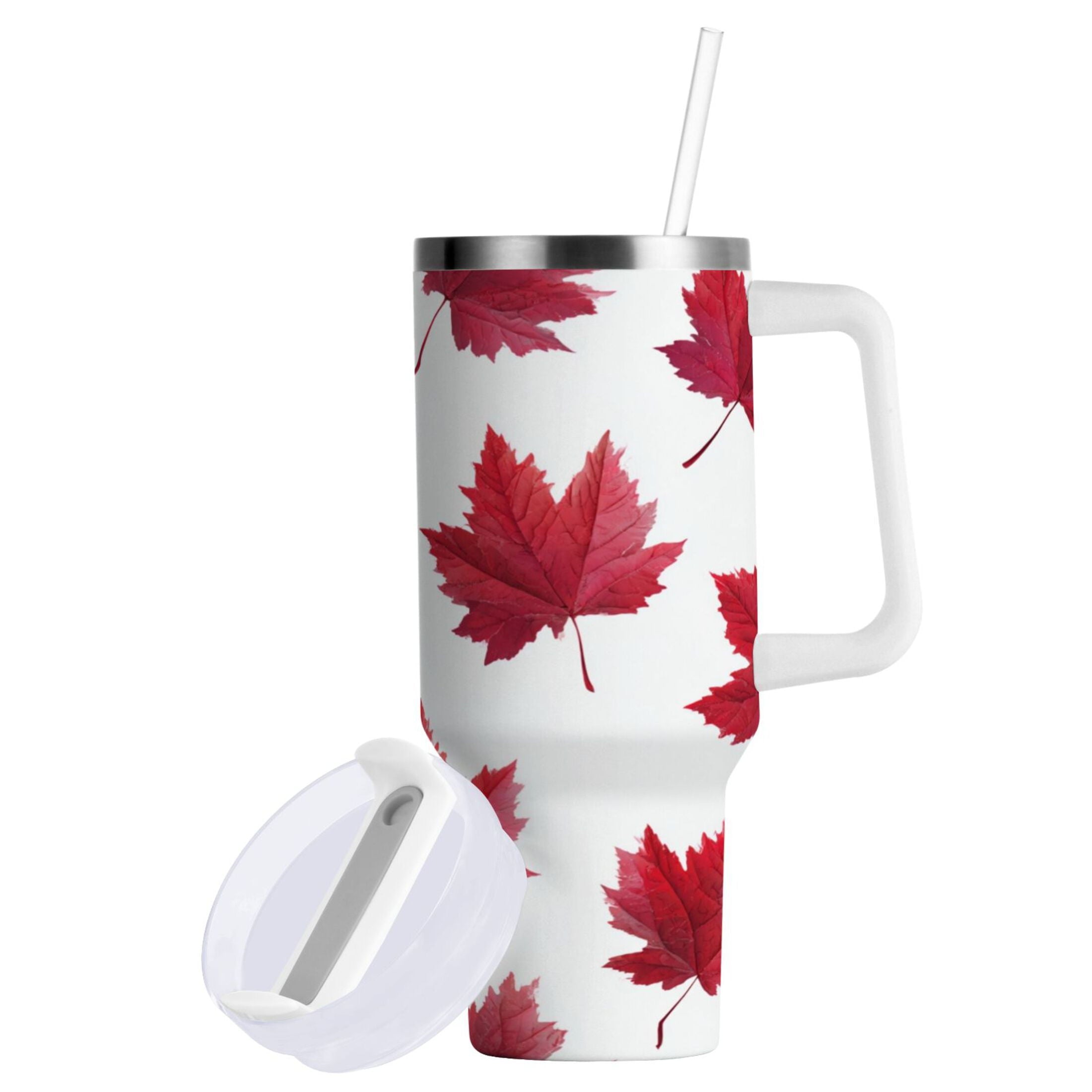 30 oz Insulated Stainless Steel Tumbler Double Wall Stainless Steel Tumbler with 2-Way Drinking Red Maple Leaves
