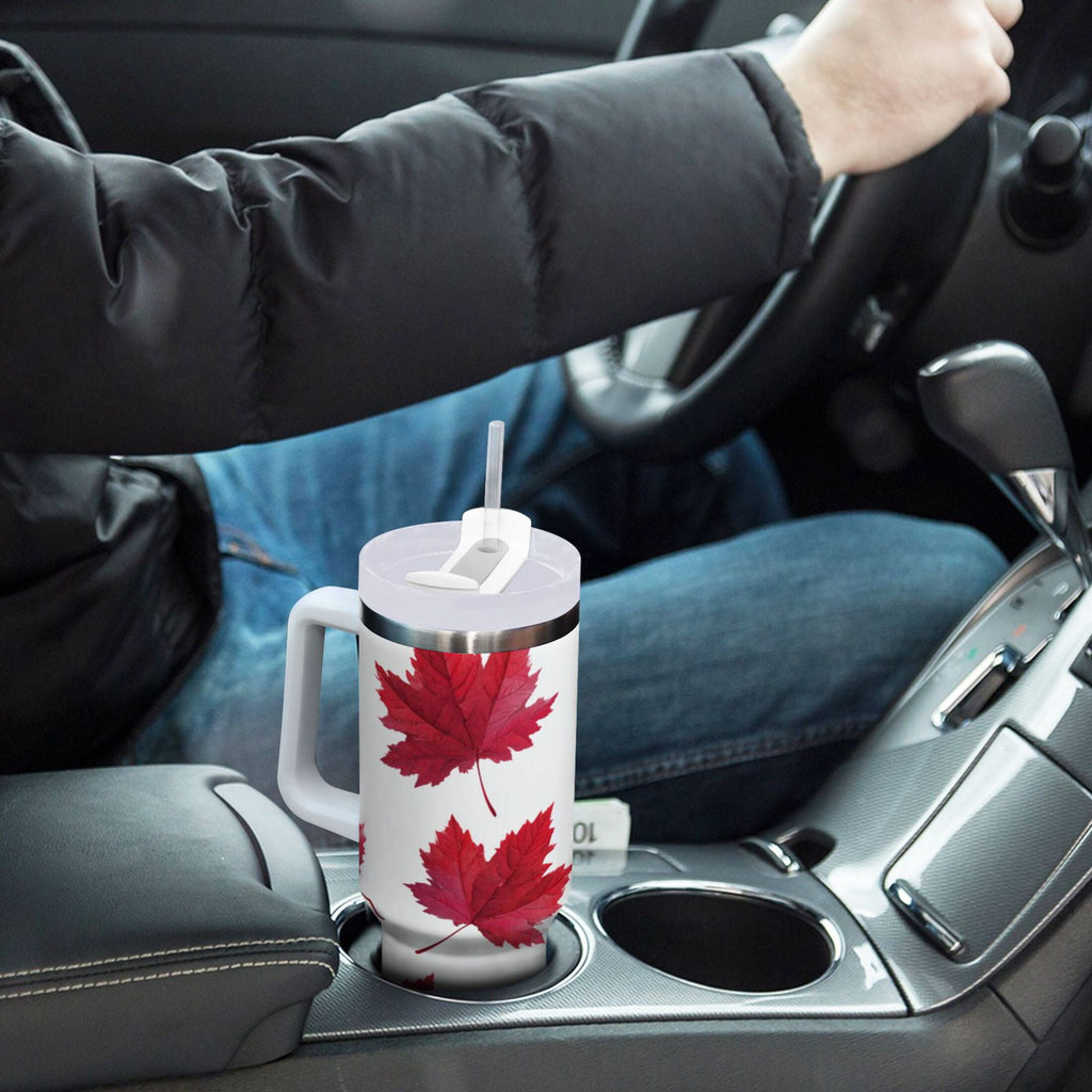 30 oz Insulated Stainless Steel Tumbler Double Wall Stainless Steel Tumbler with 2-Way Drinking Red Maple Leaves