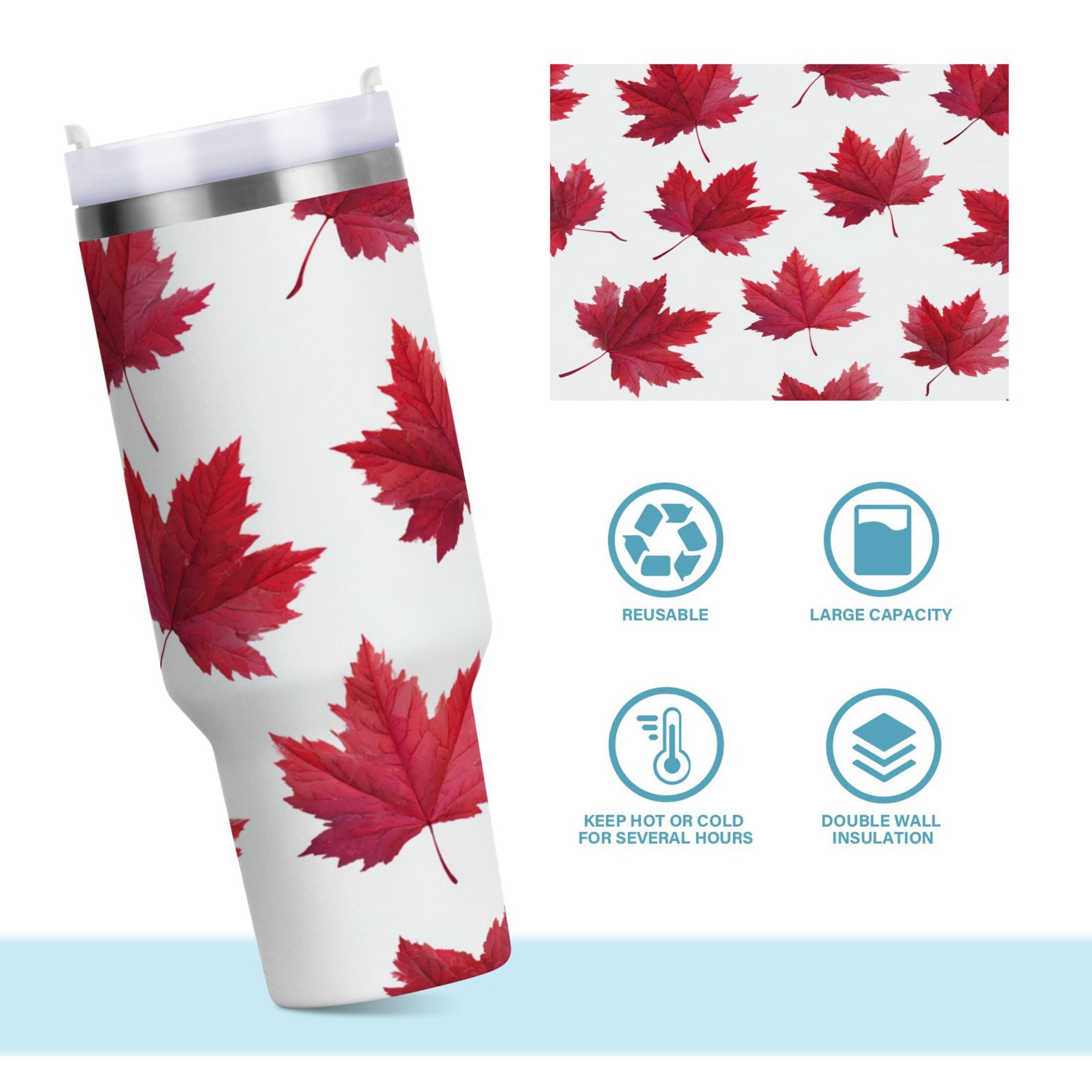 30 oz Insulated Stainless Steel Tumbler Double Wall Stainless Steel Tumbler with 2-Way Drinking Red Maple Leaves