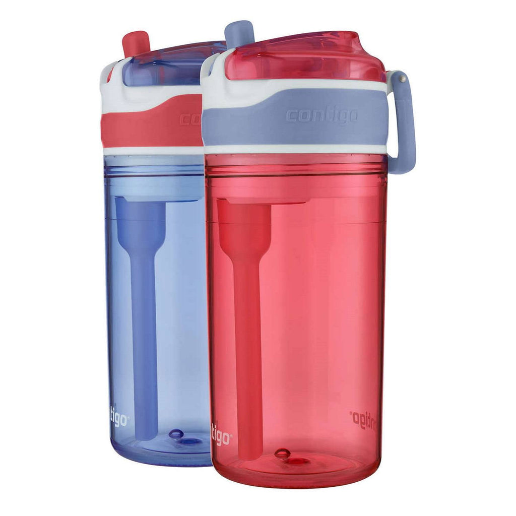 Contigo Kids 2-in-1 Snack Hero Tumbler Featuring 4oz Snack Holder Stacked on Top of 13oz Water Bottle - BPA Free, Durable Tritan w/Flexible Carry Handle &amp; Spill-Proof Valve, Purple &amp; Pink – 2 Pack