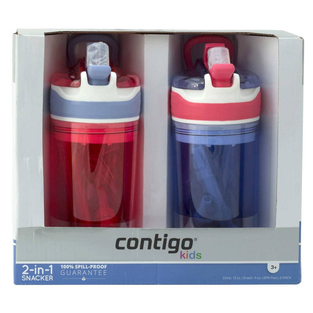Contigo Kids 2-in-1 Snack Hero Tumbler Featuring 4oz Snack Holder Stacked on Top of 13oz Water Bottle - BPA Free, Durable Tritan w/Flexible Carry Handle &amp; Spill-Proof Valve, Purple &amp; Pink – 2 Pack