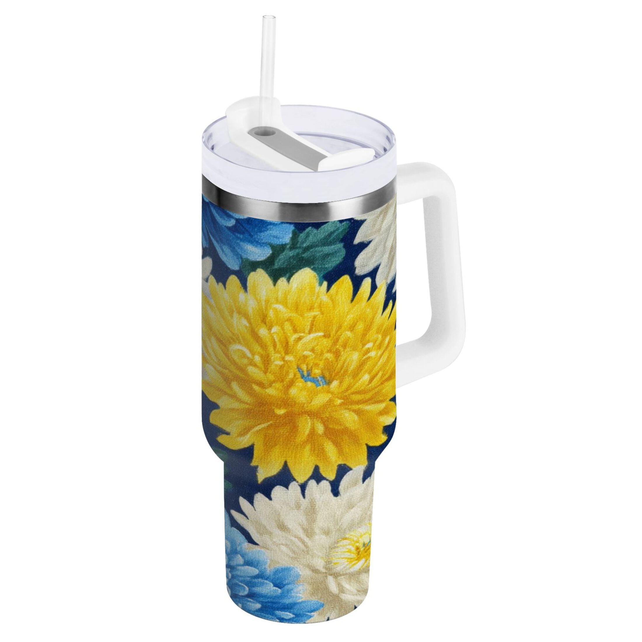 30 oz Insulated Stainless Steel Tumbler Double Wall Stainless Steel Tumbler with 2-Way Drinking Yellow and White Chrysanthemum
