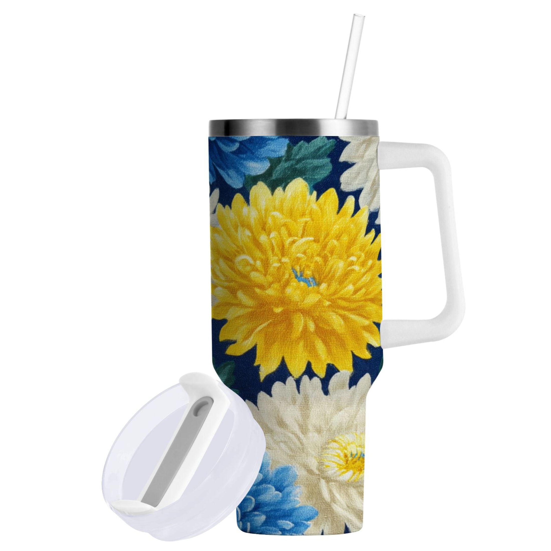 30 oz Insulated Stainless Steel Tumbler Double Wall Stainless Steel Tumbler with 2-Way Drinking Yellow and White Chrysanthemum