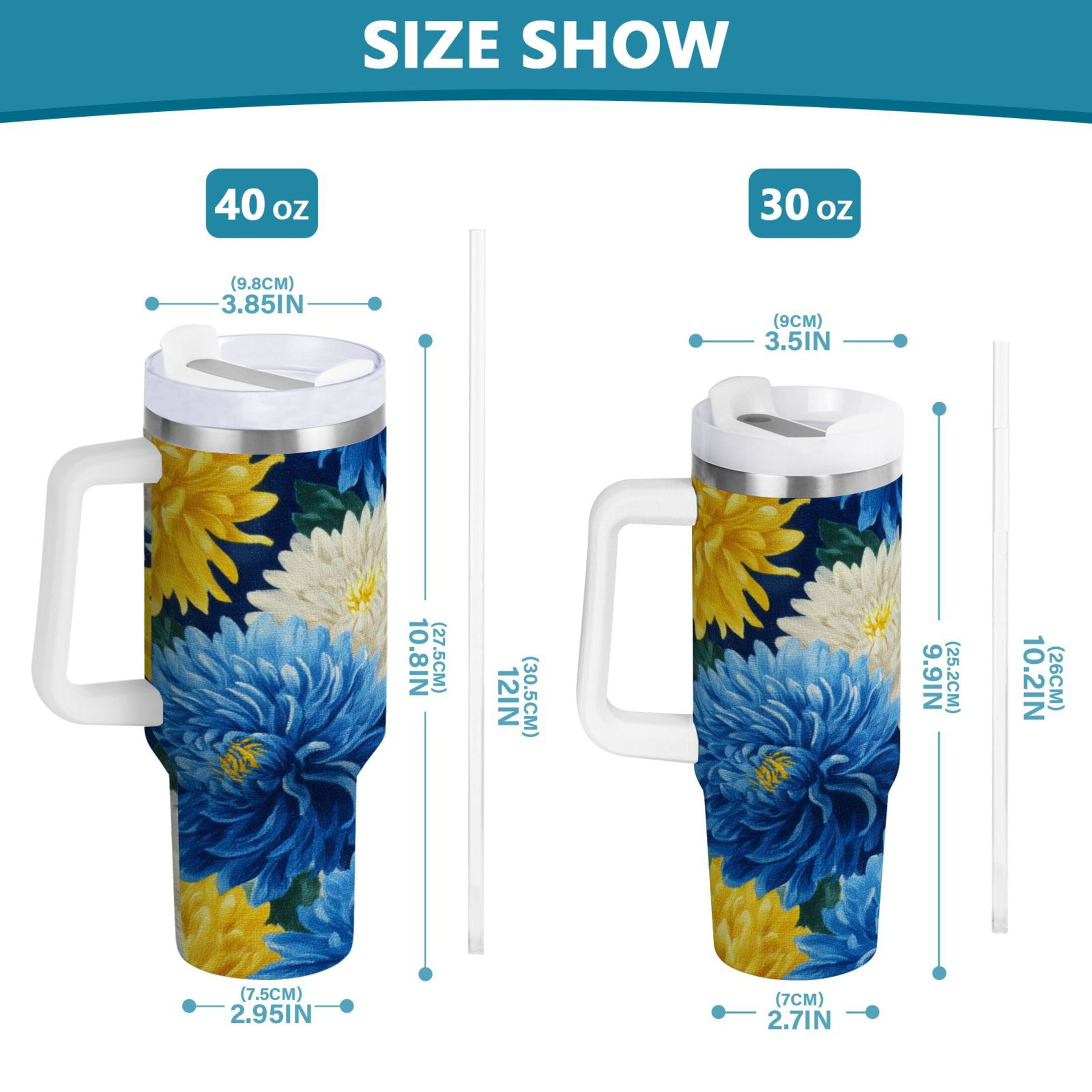 30 oz Insulated Stainless Steel Tumbler Double Wall Stainless Steel Tumbler with 2-Way Drinking Yellow and White Chrysanthemum