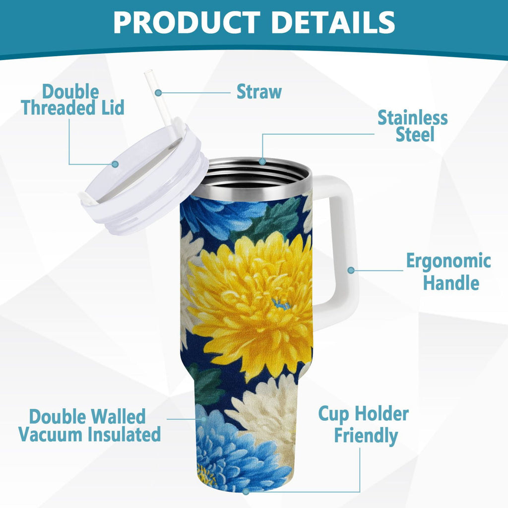 30 oz Insulated Stainless Steel Tumbler Double Wall Stainless Steel Tumbler with 2-Way Drinking Yellow and White Chrysanthemum