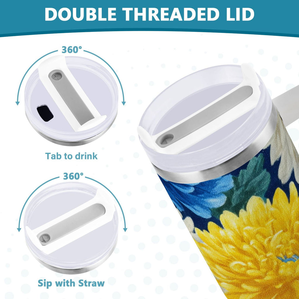 30 oz Insulated Stainless Steel Tumbler Double Wall Stainless Steel Tumbler with 2-Way Drinking Yellow and White Chrysanthemum