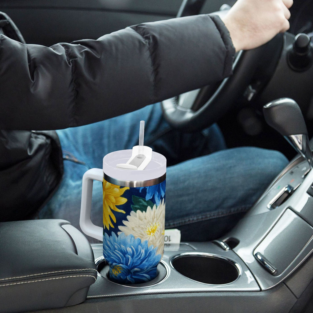 30 oz Insulated Stainless Steel Tumbler Double Wall Stainless Steel Tumbler with 2-Way Drinking Yellow and White Chrysanthemum