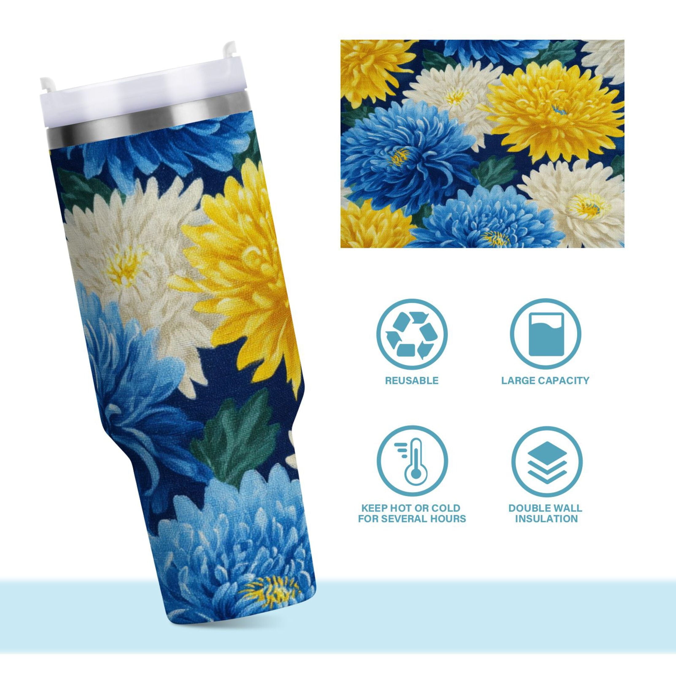 30 oz Insulated Stainless Steel Tumbler Double Wall Stainless Steel Tumbler with 2-Way Drinking Yellow and White Chrysanthemum