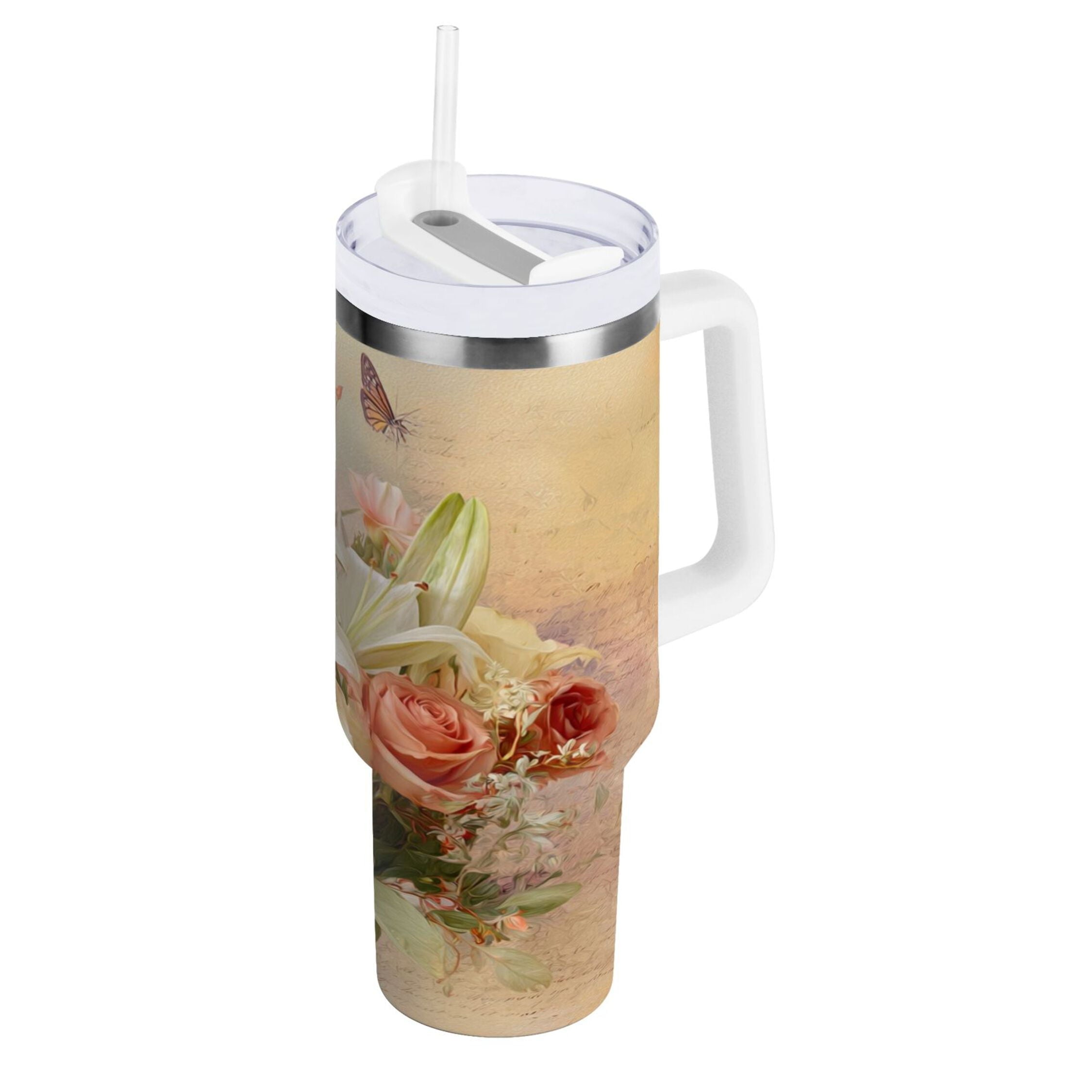 30 oz Insulated Stainless Steel Tumbler Double Wall Stainless Steel Tumbler with 2-Way Drinking Beautiful Floral Bouquet