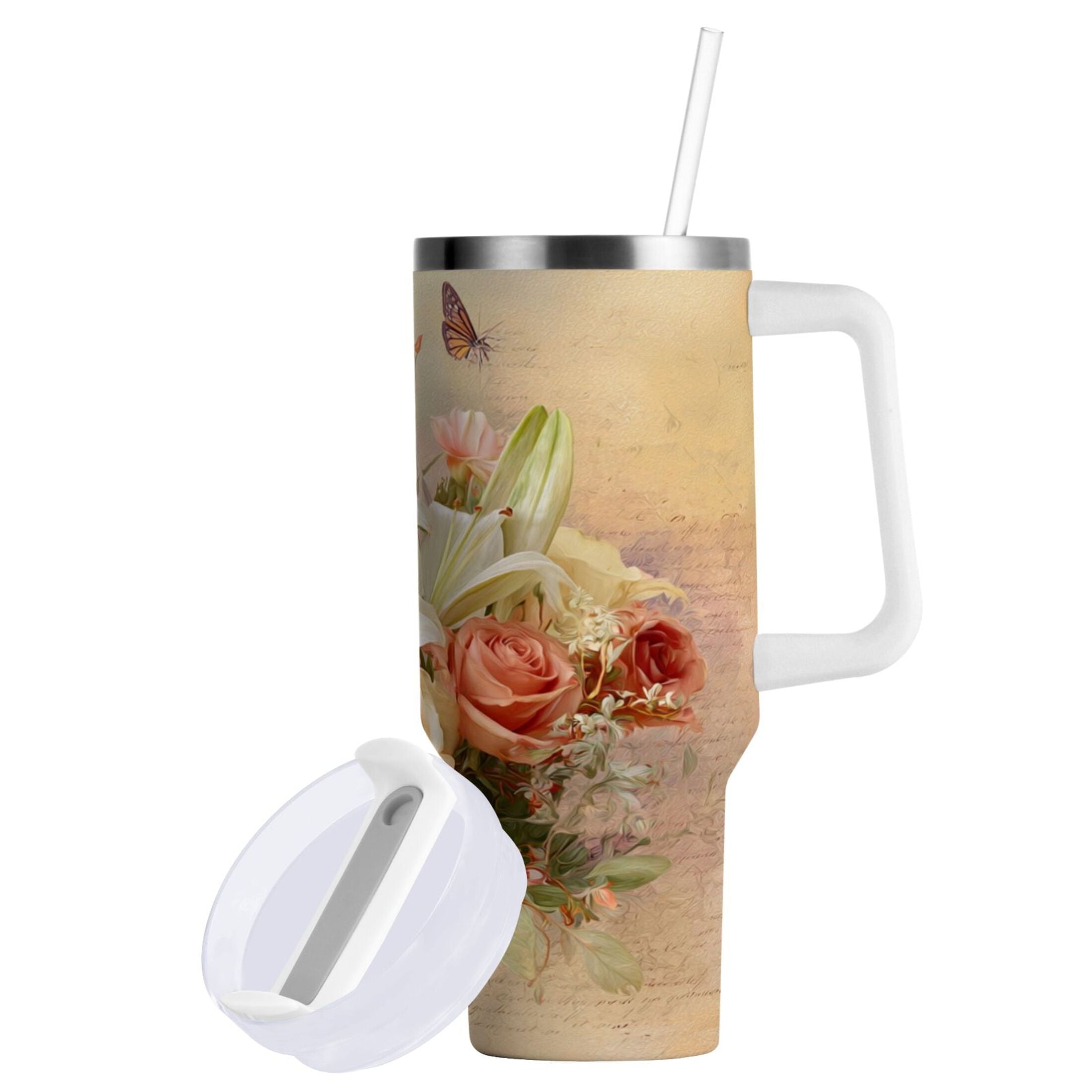 30 oz Insulated Stainless Steel Tumbler Double Wall Stainless Steel Tumbler with 2-Way Drinking Beautiful Floral Bouquet