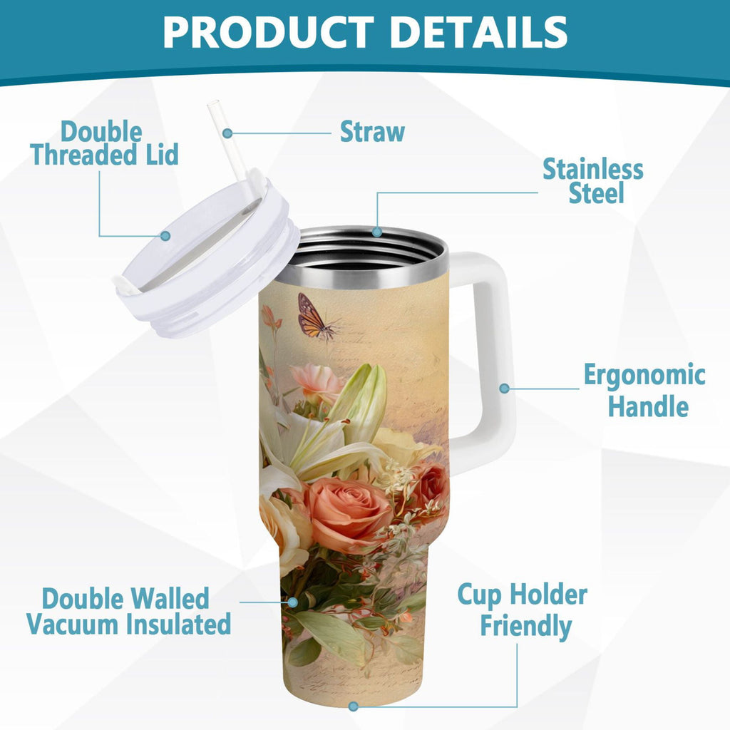 30 oz Insulated Stainless Steel Tumbler Double Wall Stainless Steel Tumbler with 2-Way Drinking Beautiful Floral Bouquet