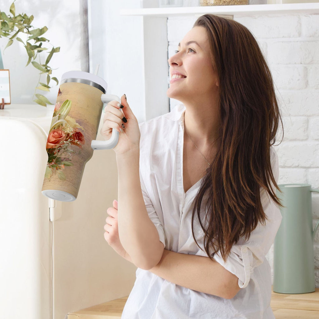 30 oz Insulated Stainless Steel Tumbler Double Wall Stainless Steel Tumbler with 2-Way Drinking Beautiful Floral Bouquet