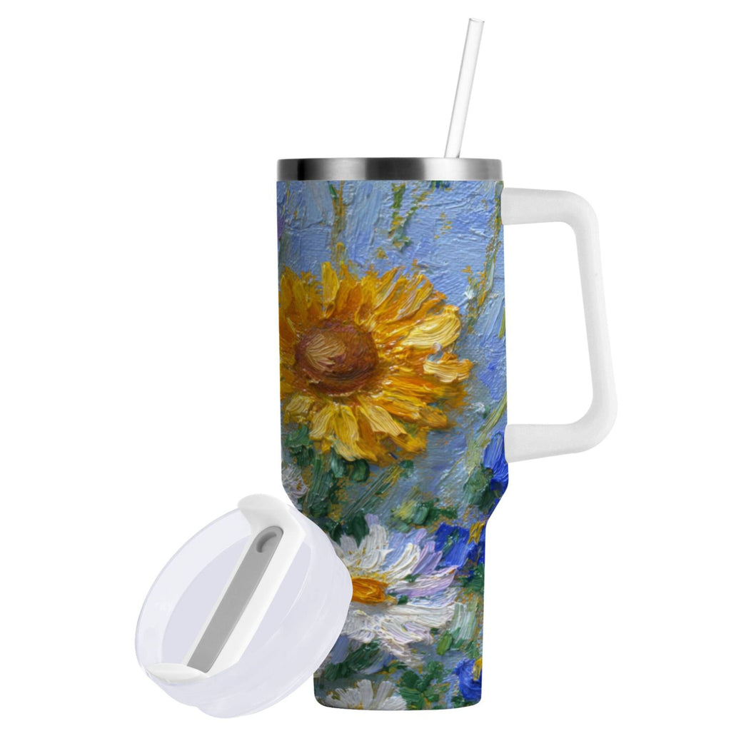 40 oz Insulated Stainless Steel Tumbler Double Wall Stainless Steel Tumbler with 2-Way Drinking Sunflowers and Daisies