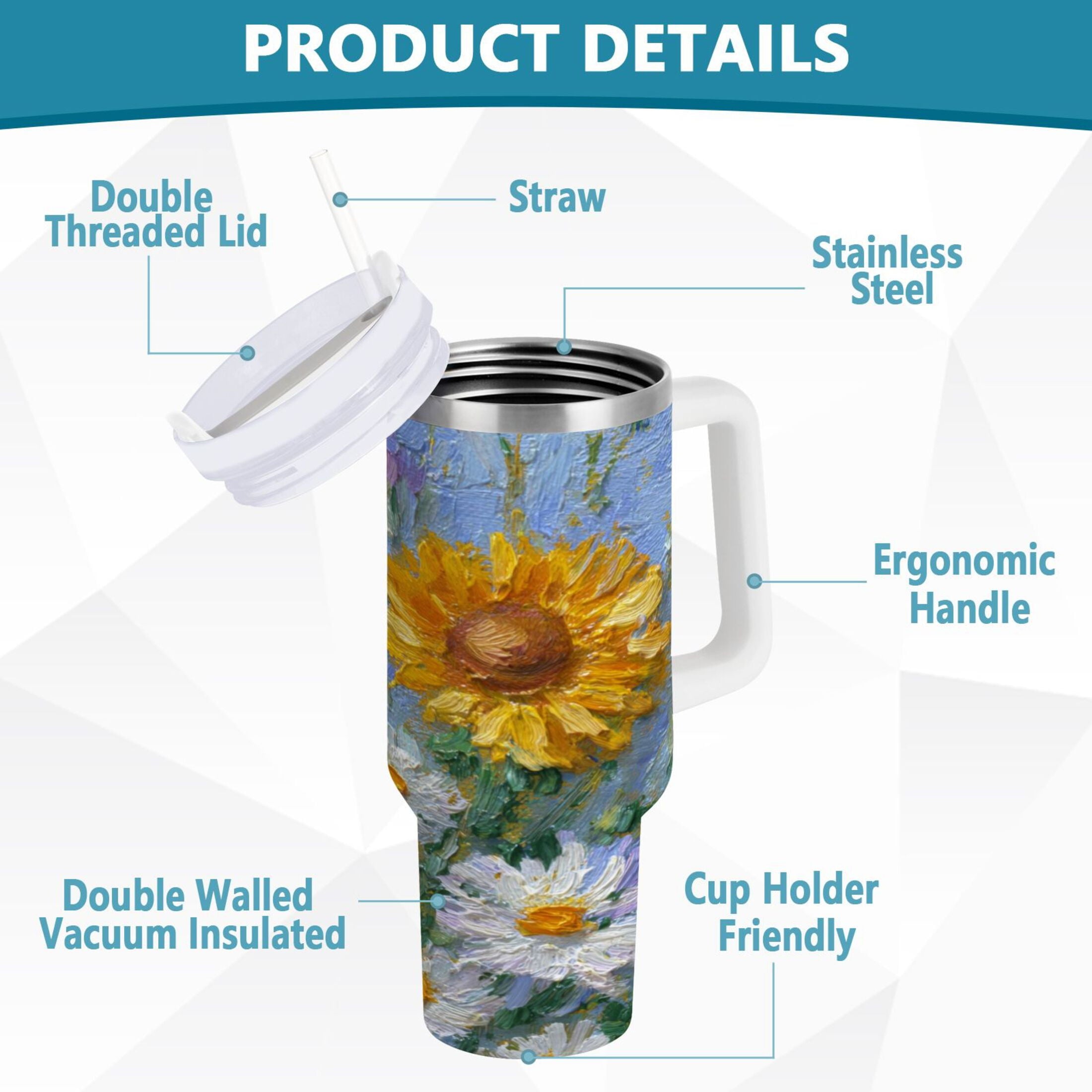 40 oz Insulated Stainless Steel Tumbler Double Wall Stainless Steel Tumbler with 2-Way Drinking Sunflowers and Daisies