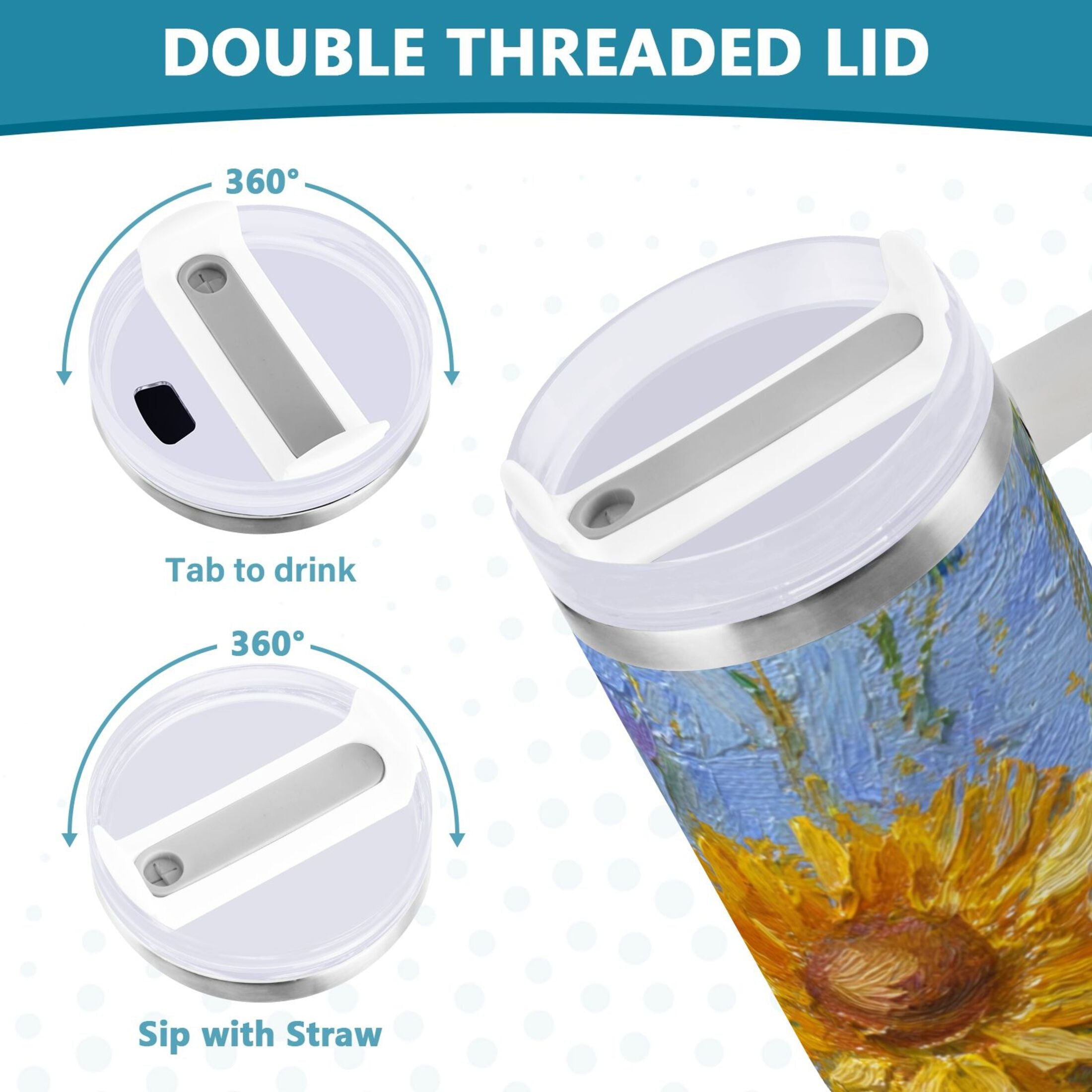 40 oz Insulated Stainless Steel Tumbler Double Wall Stainless Steel Tumbler with 2-Way Drinking Sunflowers and Daisies