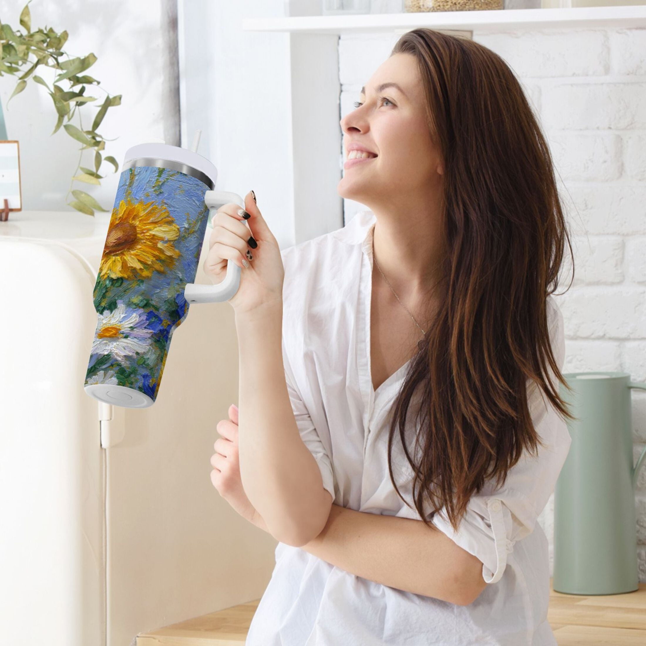 40 oz Insulated Stainless Steel Tumbler Double Wall Stainless Steel Tumbler with 2-Way Drinking Sunflowers and Daisies