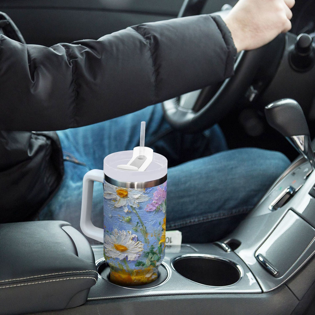 40 oz Insulated Stainless Steel Tumbler Double Wall Stainless Steel Tumbler with 2-Way Drinking Sunflowers and Daisies