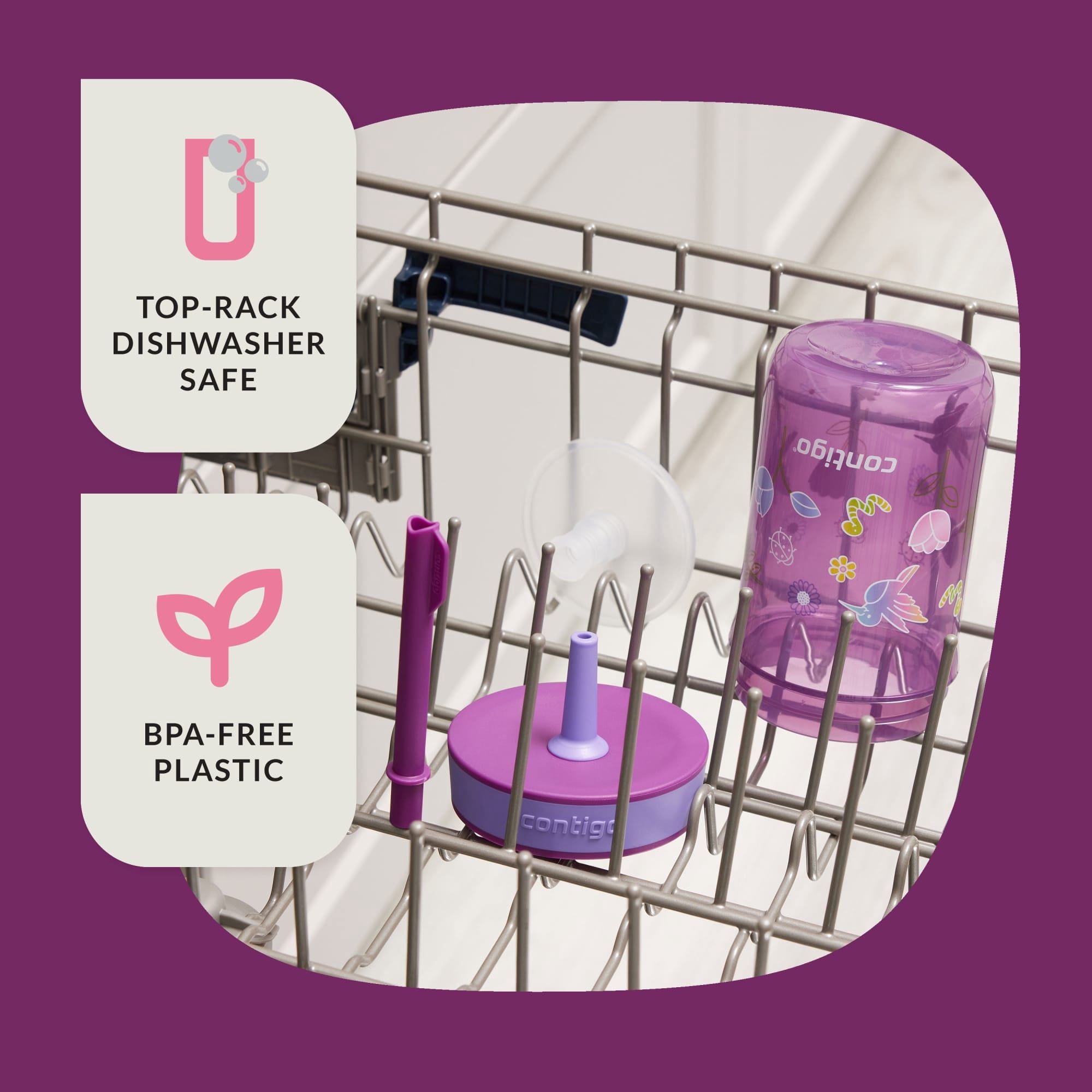 Contigo Kids Leighton Spill-Proof Tumbler with Straw, Ages 3+, Pink and Purple, 14 oz, 2 Pack
