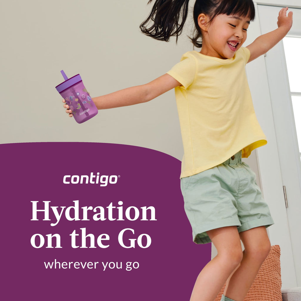 Contigo Kids Leighton Spill-Proof Tumbler with Straw, Ages 3+, Pink and Purple, 14 oz, 2 Pack